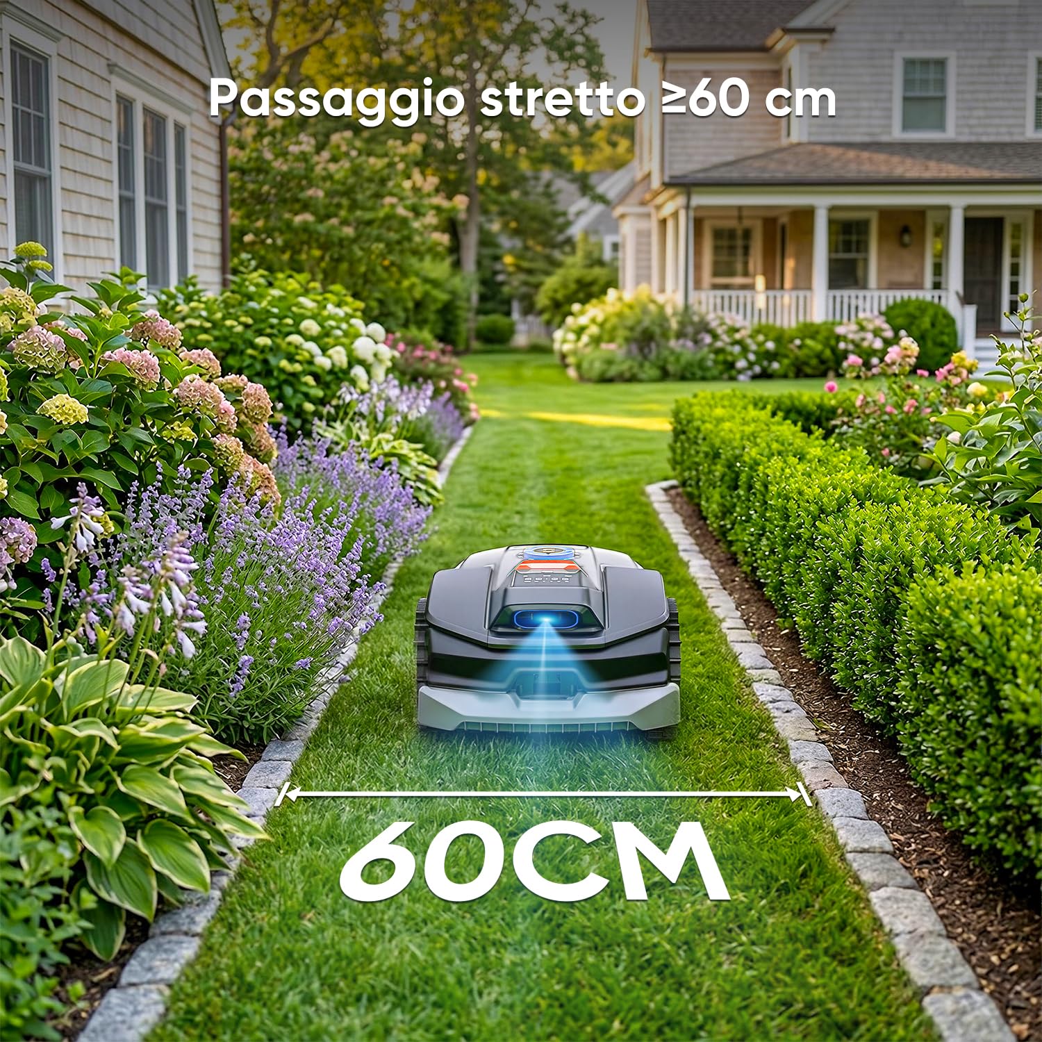 Sunseeker V1 con Garage, Robot Tagliaerba Senza Filo Perimetrale, 300 m² per Piccoli Giardini, Vision AI, Evitamento degli Ostacoli, Pendenze 27%, Taglio con un Clic, Controllo tramite App