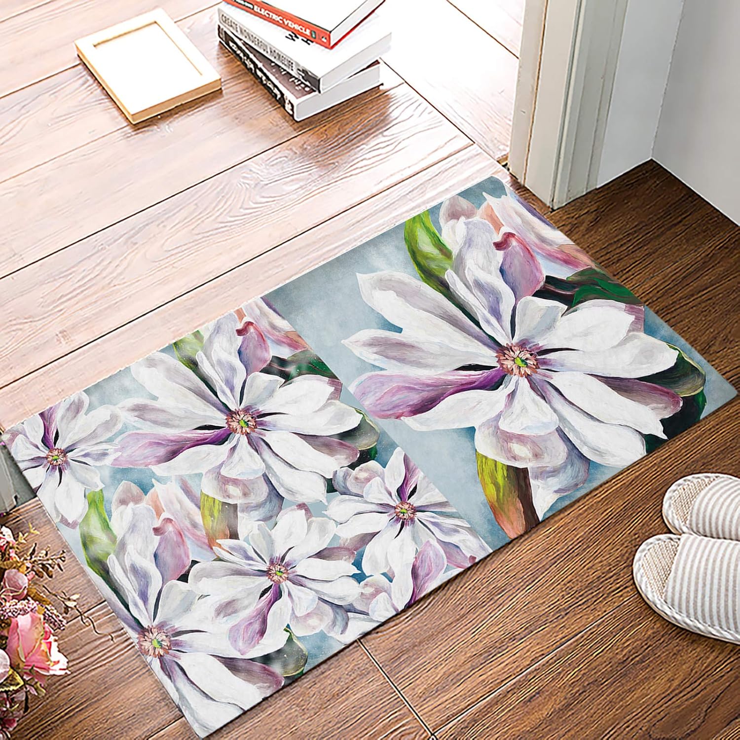 Door Mat Outdoor Hand Drawn Magnolia White Flower Print