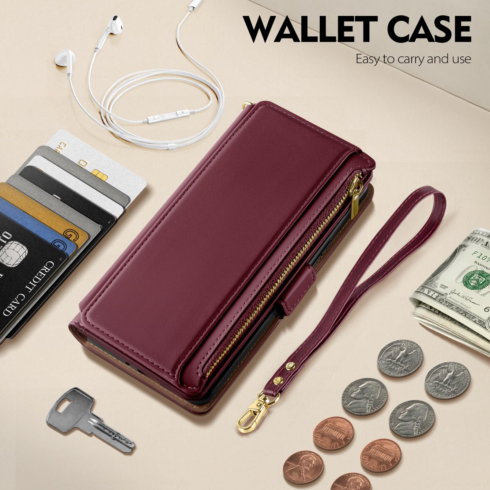 Antsturdy Compatible with Samsung Galaxy A14 5G Case Wallet with Card Holder Women Men,PU Leather Phone Case RFID Blocking Flip Folio Protective Cover Wrist Strap Zipper Credit Card Slots,Wine Red