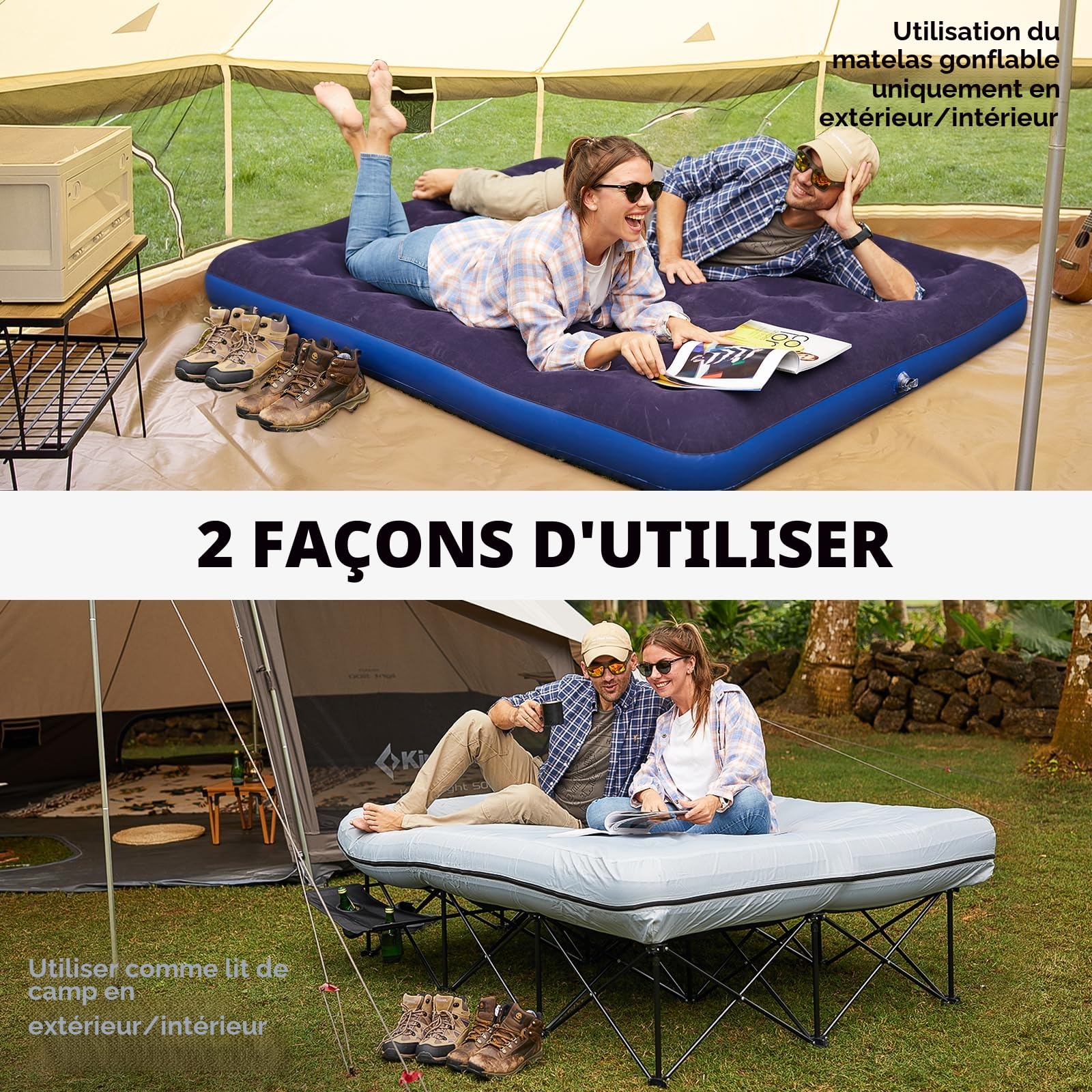FUNDANGO Lit de Camp Double Avec Matelas Pneumatique, Pliable Pour 2 Personnes, Portable Avec Pompe à Air, Table d'Appoint, Pour Voyage, Pêche