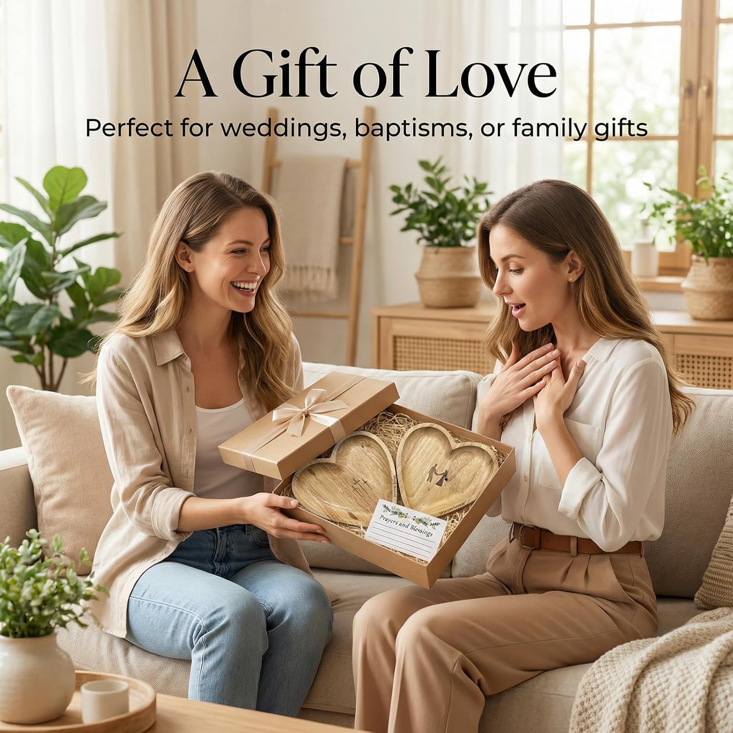 2PCS Heart Wooden Prayer Bowl with 48 Cards, Wooden Bowls with Cross, Religious Gifts for Easter, Christian, Catholic - Heart Shaped Wood Decorative Bowl for Home Decor for Women Men