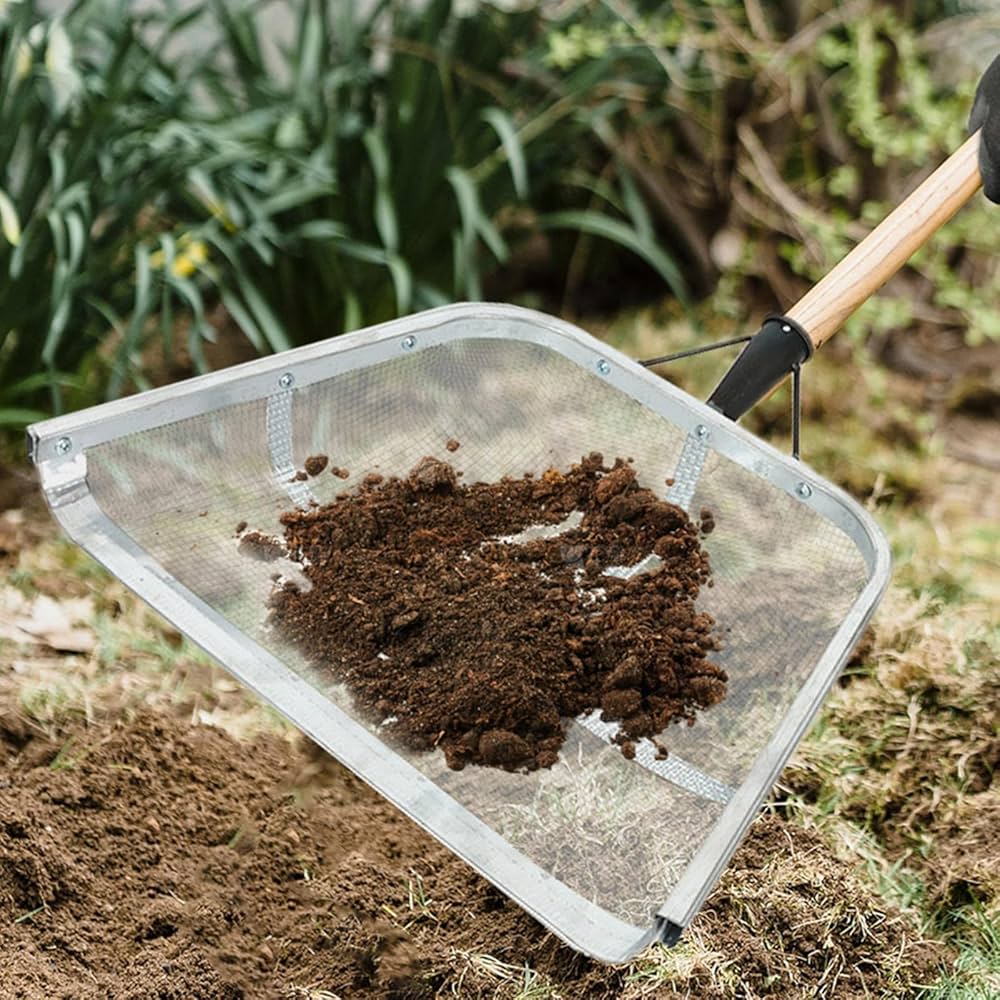 Garden Soil Sifter Collecting Tool, Sand Sifter Shovel, Gardening Sand Dirt SifterShovel, Stainless Steel Soil Sieve, Gardening SoilSifter, Mesh Potting Scoop, Ergonomic Farm Shovel