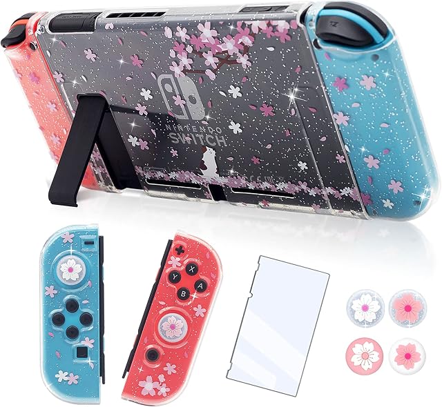 BRHE Dockable Clear Case Compatible with Nintendo Switch Accessories Glitter Cover Cute Cat Skin Protective Crystal Shell with Screen Protector Glass