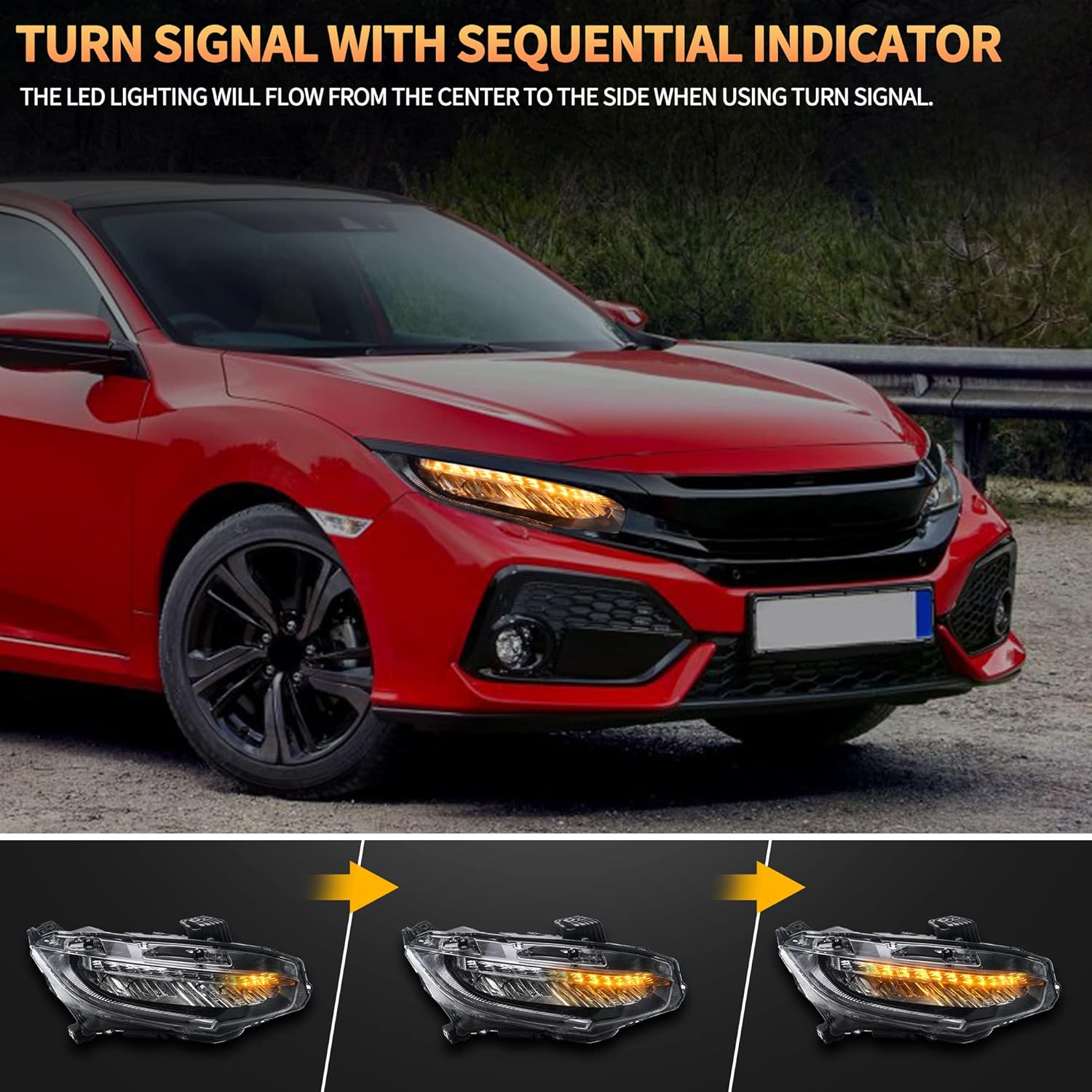VLAND Headlights Compatible with Honda Civic 10th Gen Sedan/Coupe/Hatchback/Type R 2016-2021, Front Headlamp Assembly with Amber Turn Signals, 1 Pair