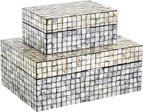 Miniatura 6 de Deco 79 Caja decorativa hecha a mano con diseño de mosaico lineal y tapa con bisagras, juego de 2 cajas de almacenamiento de 12 pulgadas, 8 pulgadas