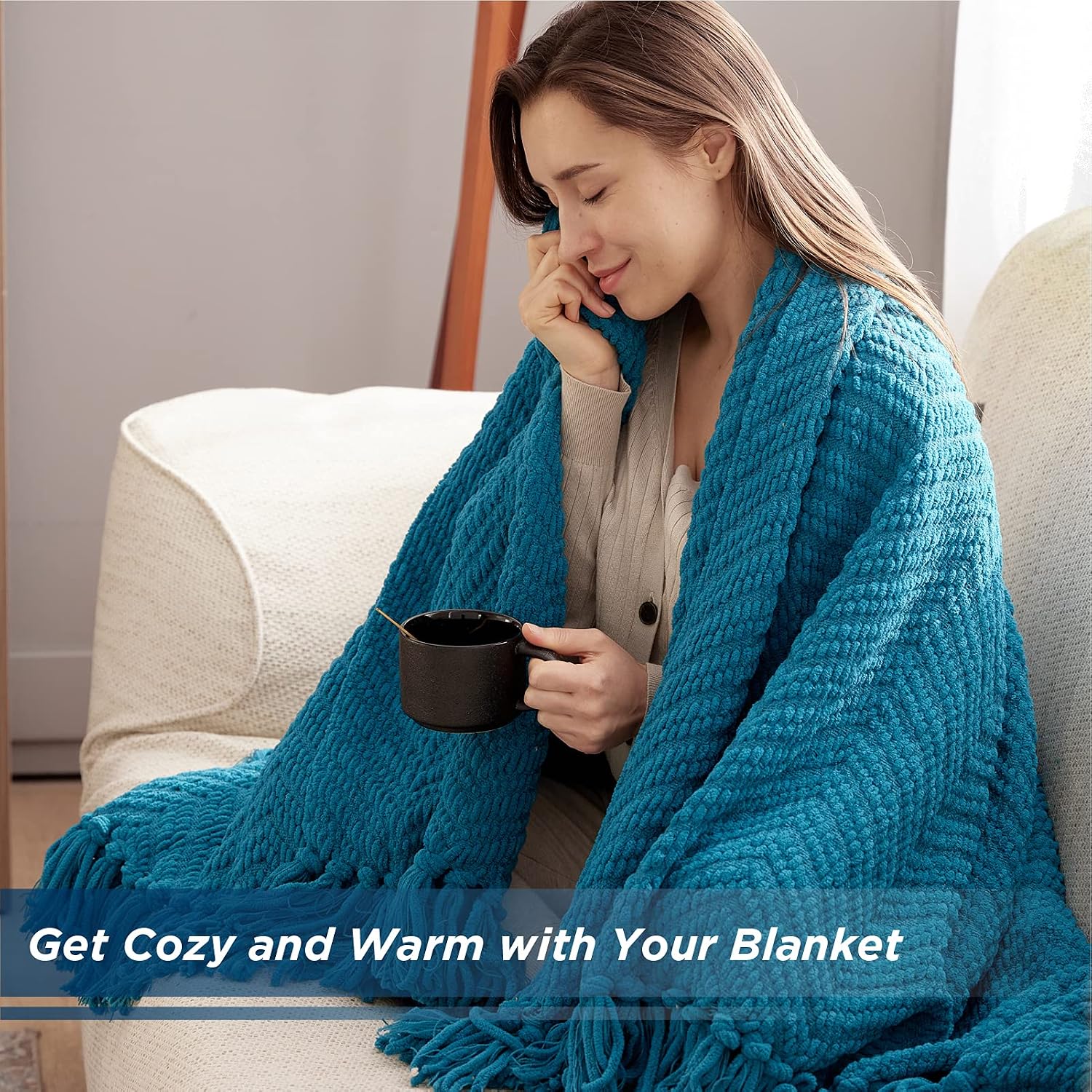 Bedsure Throw Blanket for Couch - Teal Knit Woven Chenille Blanket Versatile for Chair, 50 x 60 Inch Super Soft Warm Decorative Blanket with Tassels for Bed, Sofa and Living Room