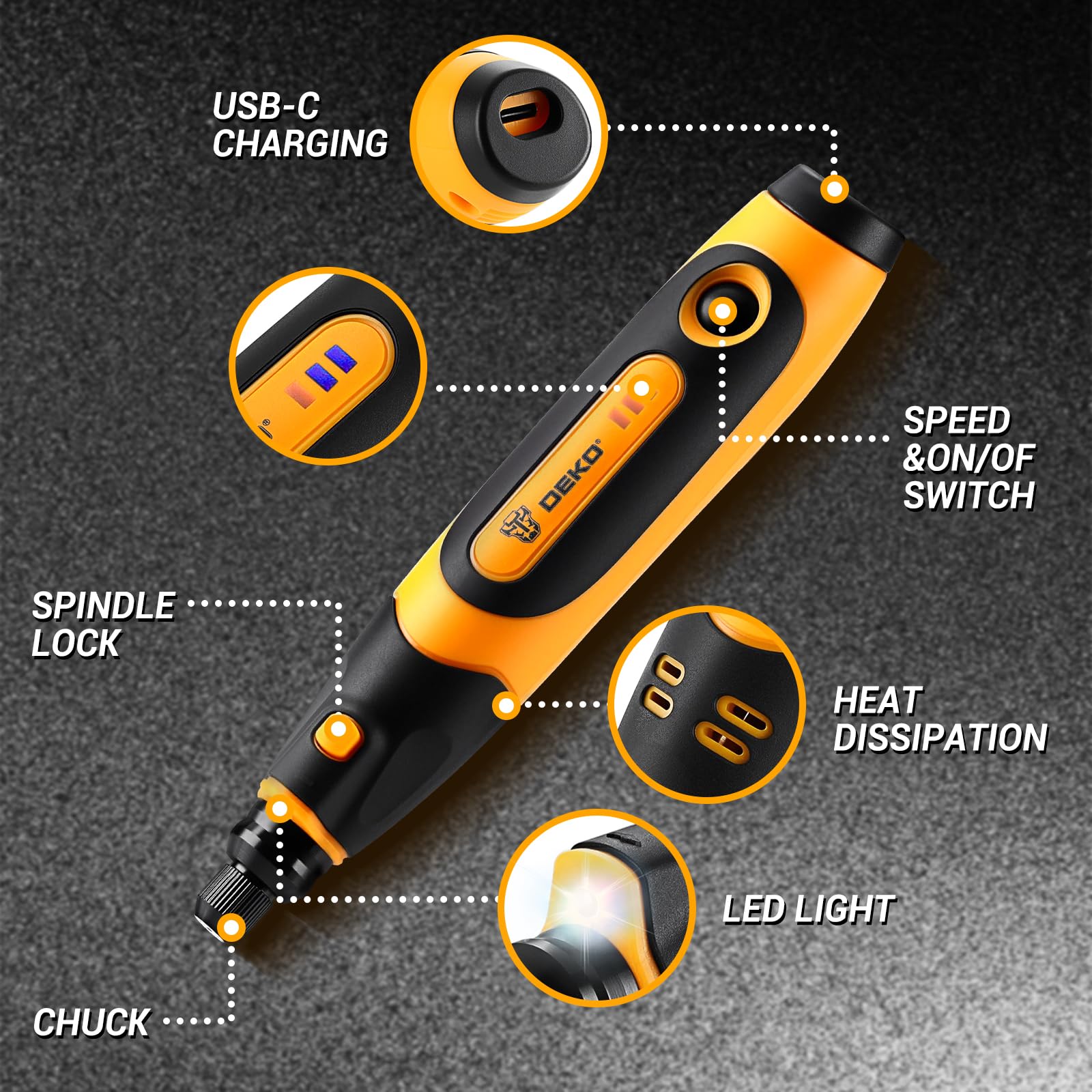 Utensile rotativo ricaricabile: DEKOPRO 3,7 V utensile rotativo, completo di 70 accessori per la levigatura. Un potente utensile con indicatore di velocità variabile e ricarica di tipo C.