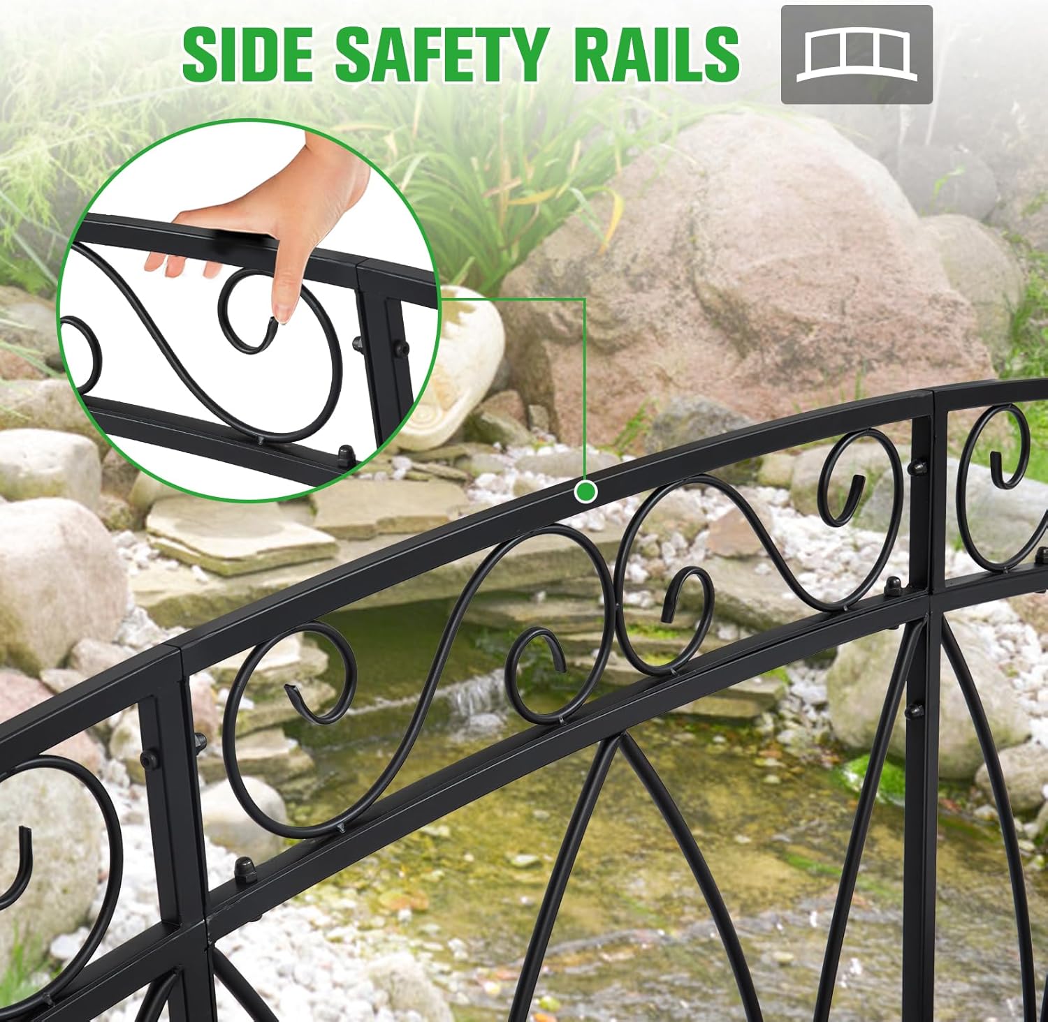 8 Ft Metal Garden Bridge with Safety Patterned Siderails, Outdoor Decorative Extra Long Iron Garden Arch Bridge Footbridge for Pond, Creek, Stream (Black)