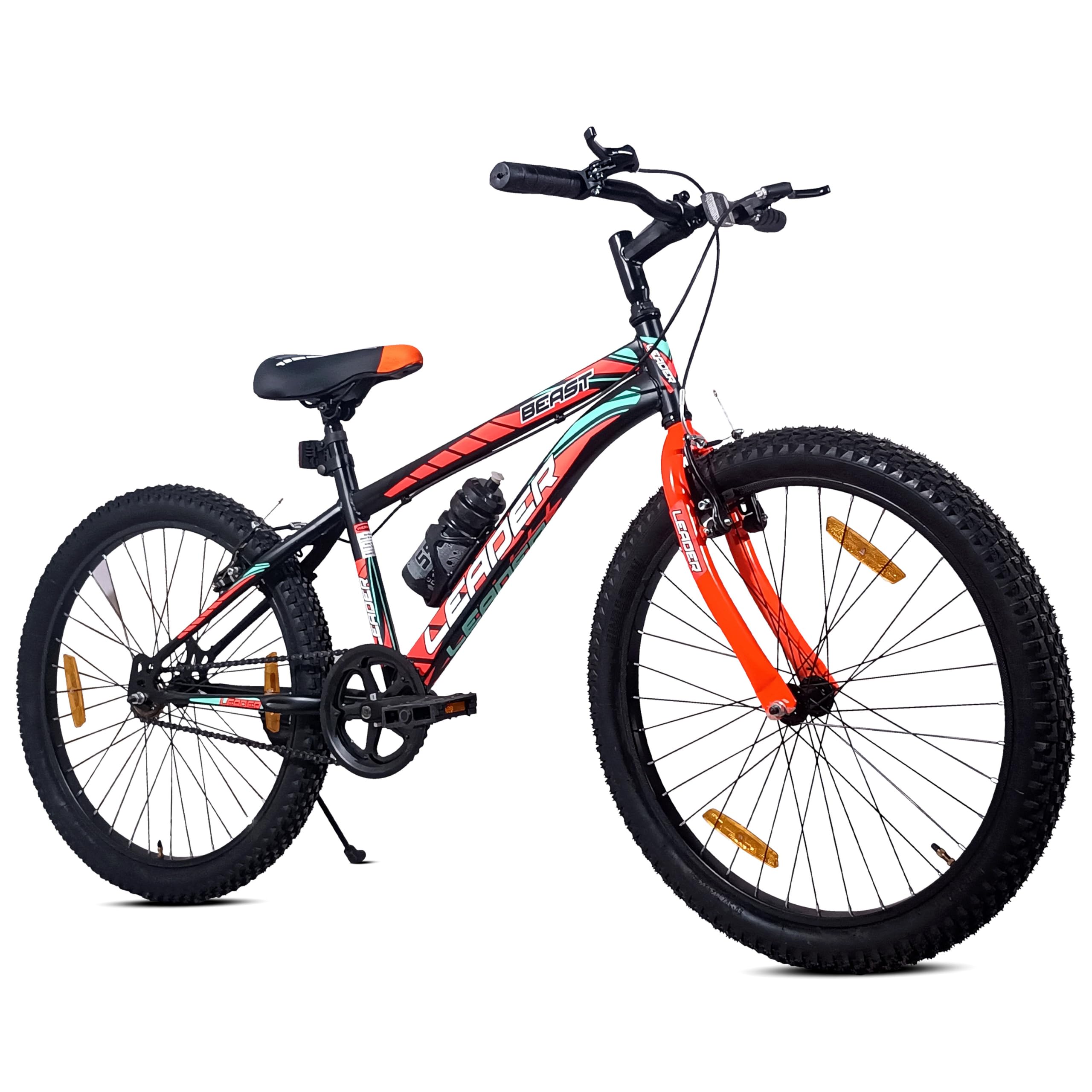 Leader Beast 24T Kids MTB Cycle | Kids Cycle with Sturdy 16 Inch Frame | Without Gear Bicycle with V Brake | Ideal for 9-13 Years (Black/Orange),Front
