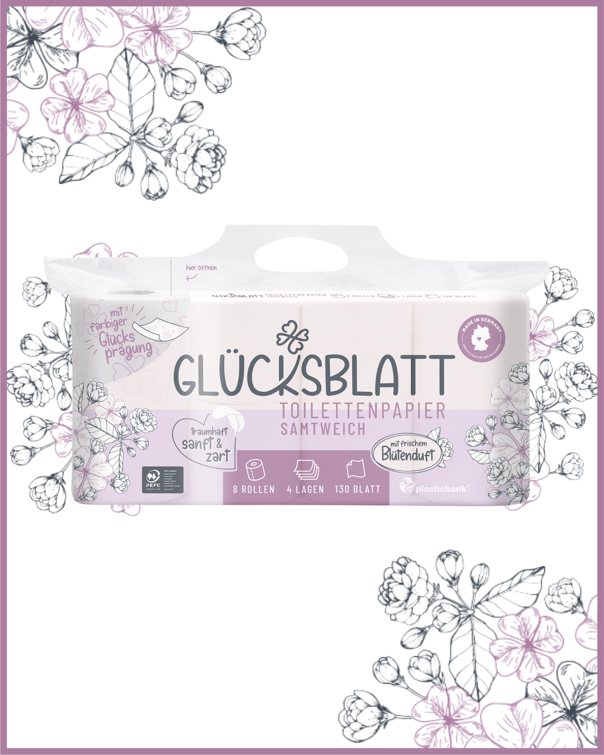 Glücksblatt Toilettenpapier Samtweich mit frischem Blütenduft, 4-lagig, 56 Rollen x 130 Blatt, 100% Zellstoff, superweiches Klopapier mit Glücks-Prägung, WC Papier, Verpackung aus mind. 30% PCR