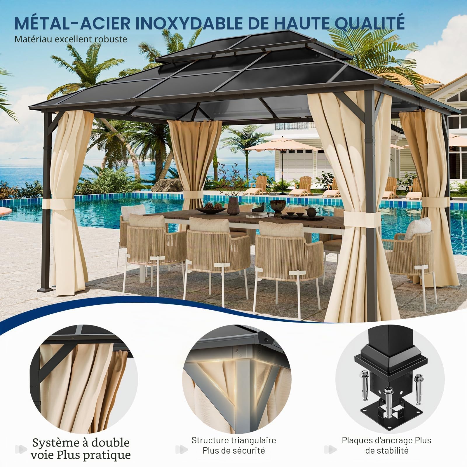 UDPATIO Double Toit Tonnelle de Jardin 3x4m Imperméable - UV Résistant avec Rideaux, Tonnelle Stabilisée pour Jardin, Terrasse (Beige)