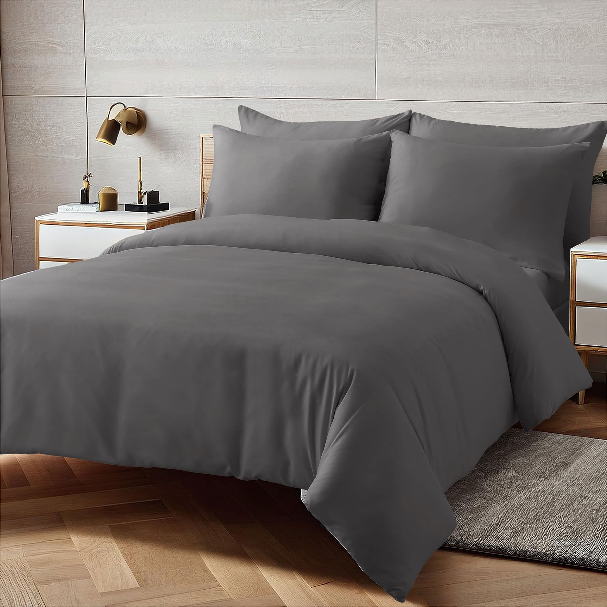 The Essentials Wardrobe Duvet Cover Set Includes Matching Pillowcase Soft Microfibre Fabric, Breathable & Wrinkle Resistant, Quick Popper Fastening Grey (King- 230x220)