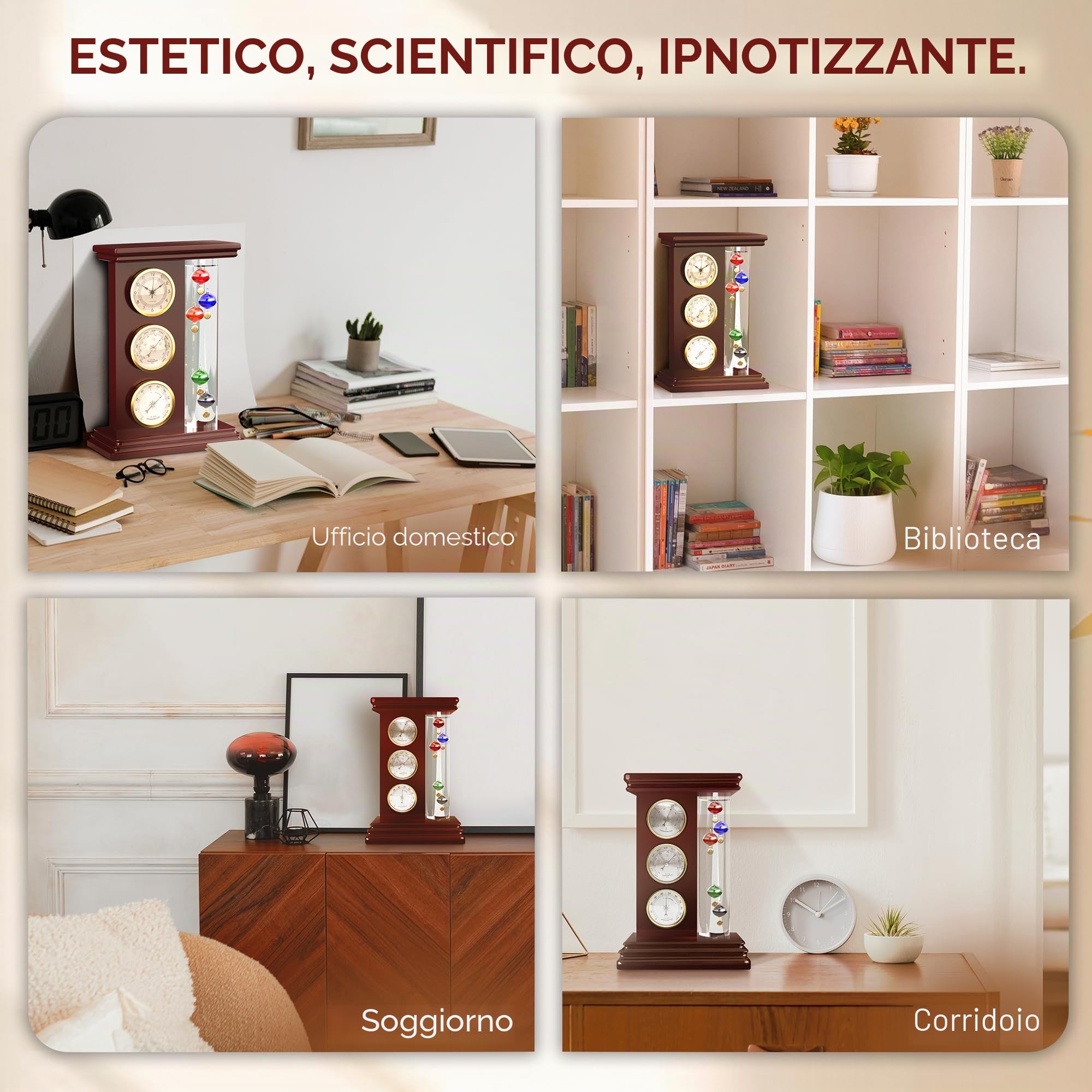 JJ Care Termometro Galileo con Orologio al Quarzo (Oro), Barometro Analogico e Igrometro, Stazione Meteorologica per Interni, Telaio in Vetro e Legno