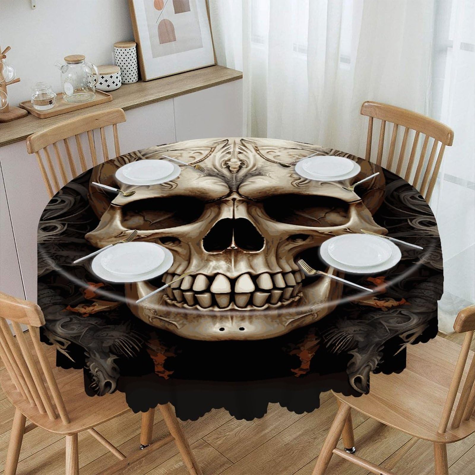 FekiLoot Skulls Round Tablecloths 60 Inch Resistant Washable Polyester Table Cloth Style Decorative Circle Fabric Table Cover for Dining Kitchen Party Farmhouse Outdoor