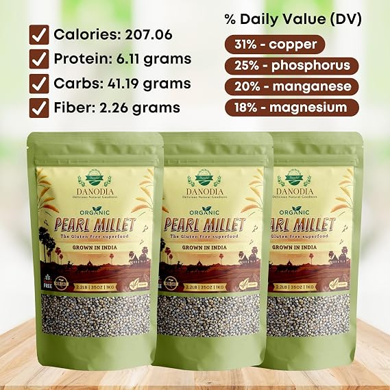 Danodia Foods Pearl Millet (Bajra Whole Grain), 950g | Unpolished & Hulled; Gluten-Free; High Fibre; For Khichdi, Porridge, Pilaf, Salads & Home Milling