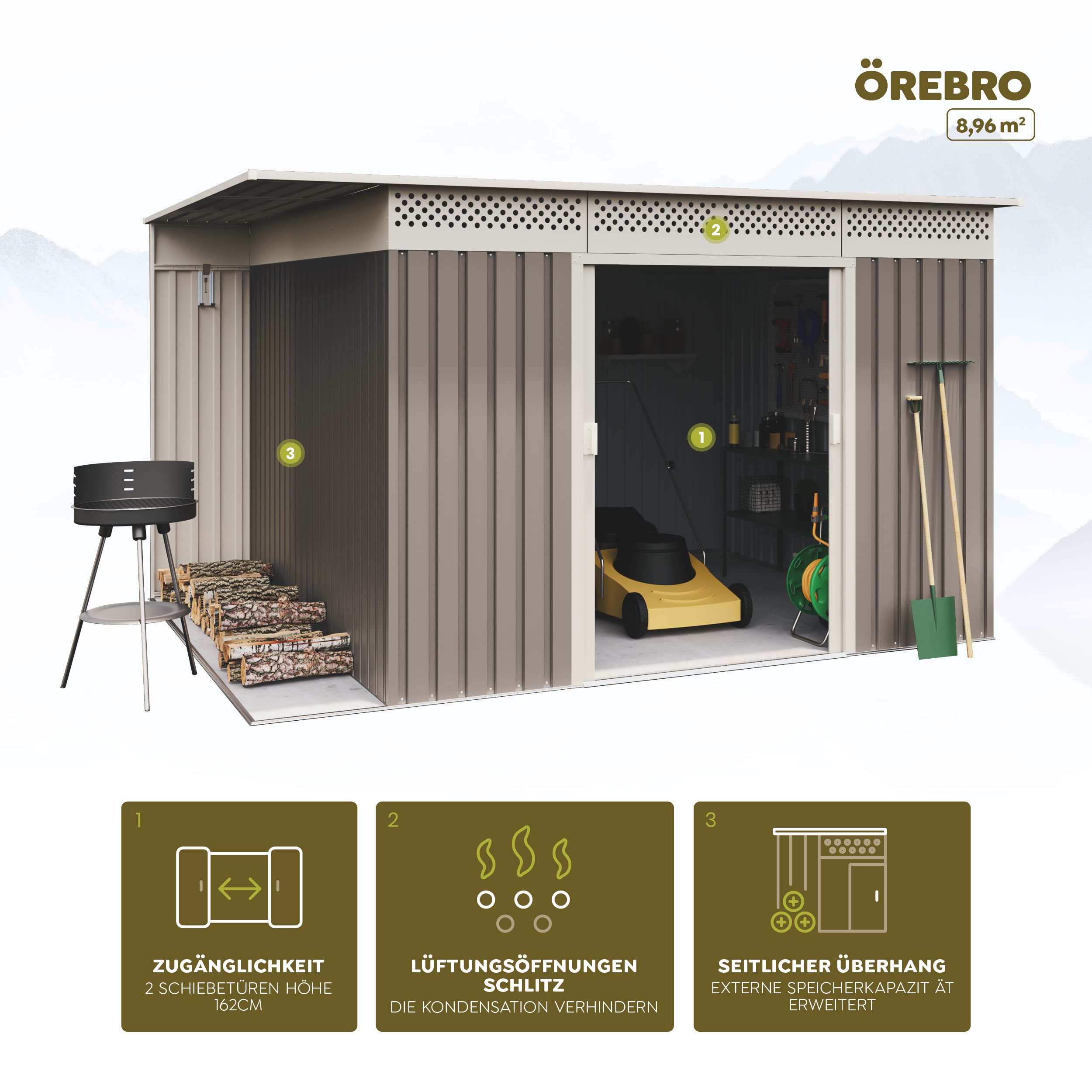Hoggar by Okoru Capannone Metallo Grigio/Beige per Archiviazione 8,96 m2-269x333x189cm. Casta Giardino Terrazza