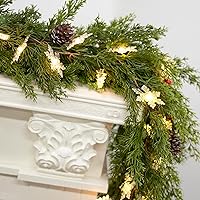 Vista 5 de Guirnalda de Navidad Dushle de 6 pies con luces, funciona con batería, guirnalda de Navidad iluminada con conos de pino, bayas rojas, copos de nieve