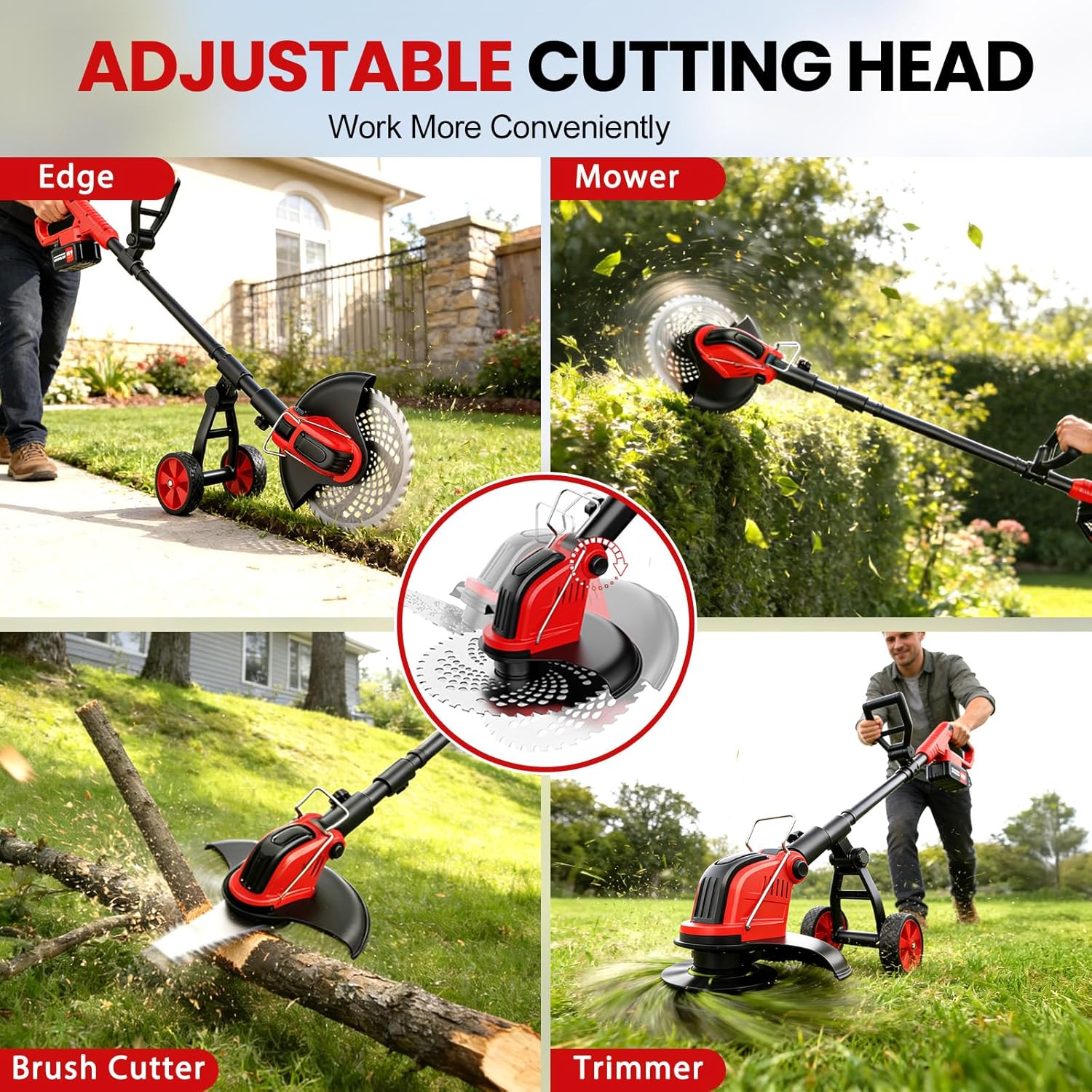 12-Inch Cordless Electric Weed Wacker, 2x3.0Ah 21V Battery Powered Weed Eater with Wheels, 800W Brushless Lawn Mower with 4 Types Blades, 20000RPM Brush Cutter Grass Trimmer for Garden Yard