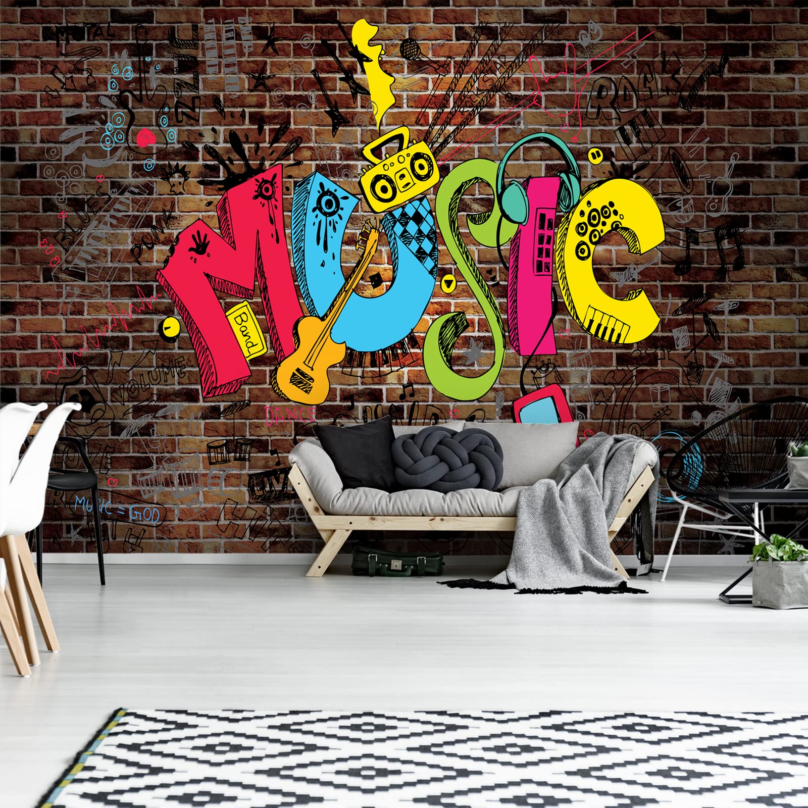 Papel Pintado Infantil Graffiti Juventud Música Muro Ladrillos - Incluye Pegamento - Fotomurales Pared Tejido No Tejido Decorativos Murales Fotográfico XXL Moderno Decoración de Paredes (254x184 cm)