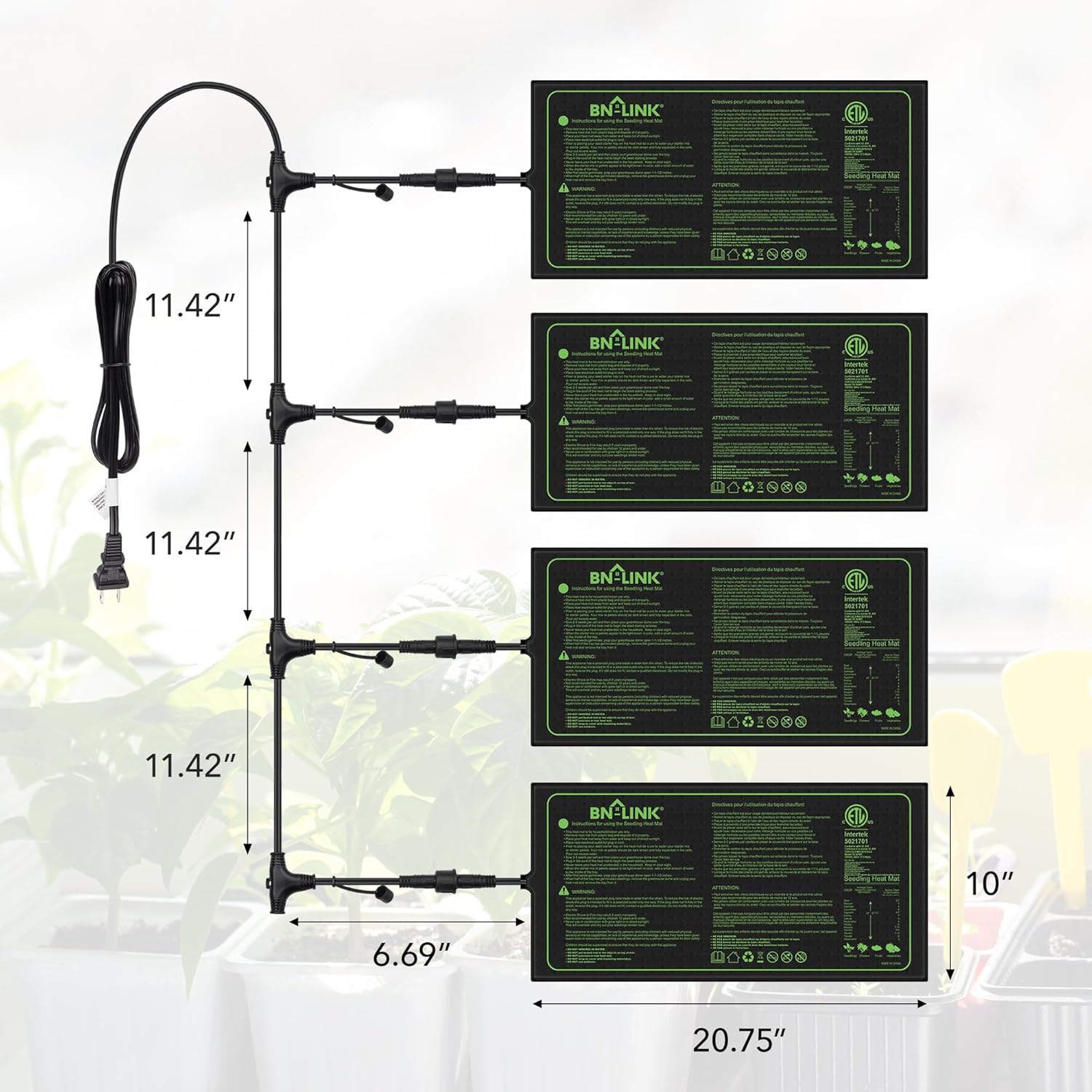 BN-LINK Seedling Heat Mat for Seed Starting 10" x 20.75", 4 Pack Daisy Chainable Waterproof Warming Mat Plant Heating Pad for Seed Germination, Indoor Growing, Hydroponic, Greenhouse, ETL Listed