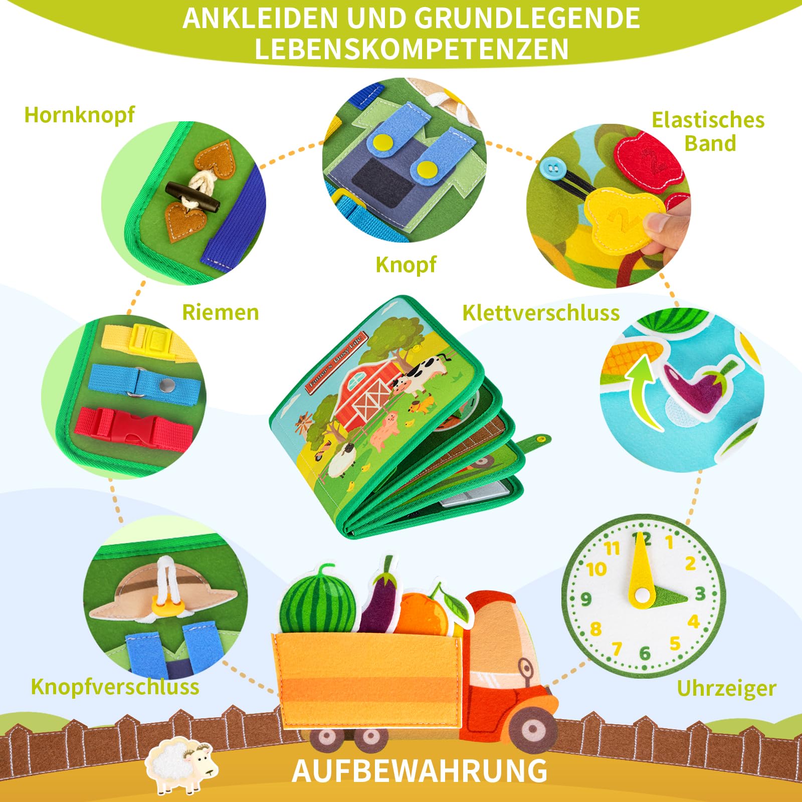 Quanquer Montessori Busy Board Deutsche Spielzeug ab 1 2 3 4 Jahre - Bauernhof Book für Frühe Bildung Auto & Flugzeug Fahrten - Geburtstag Feiertag Ostern Kindertag Geschenke für Kleinkinder