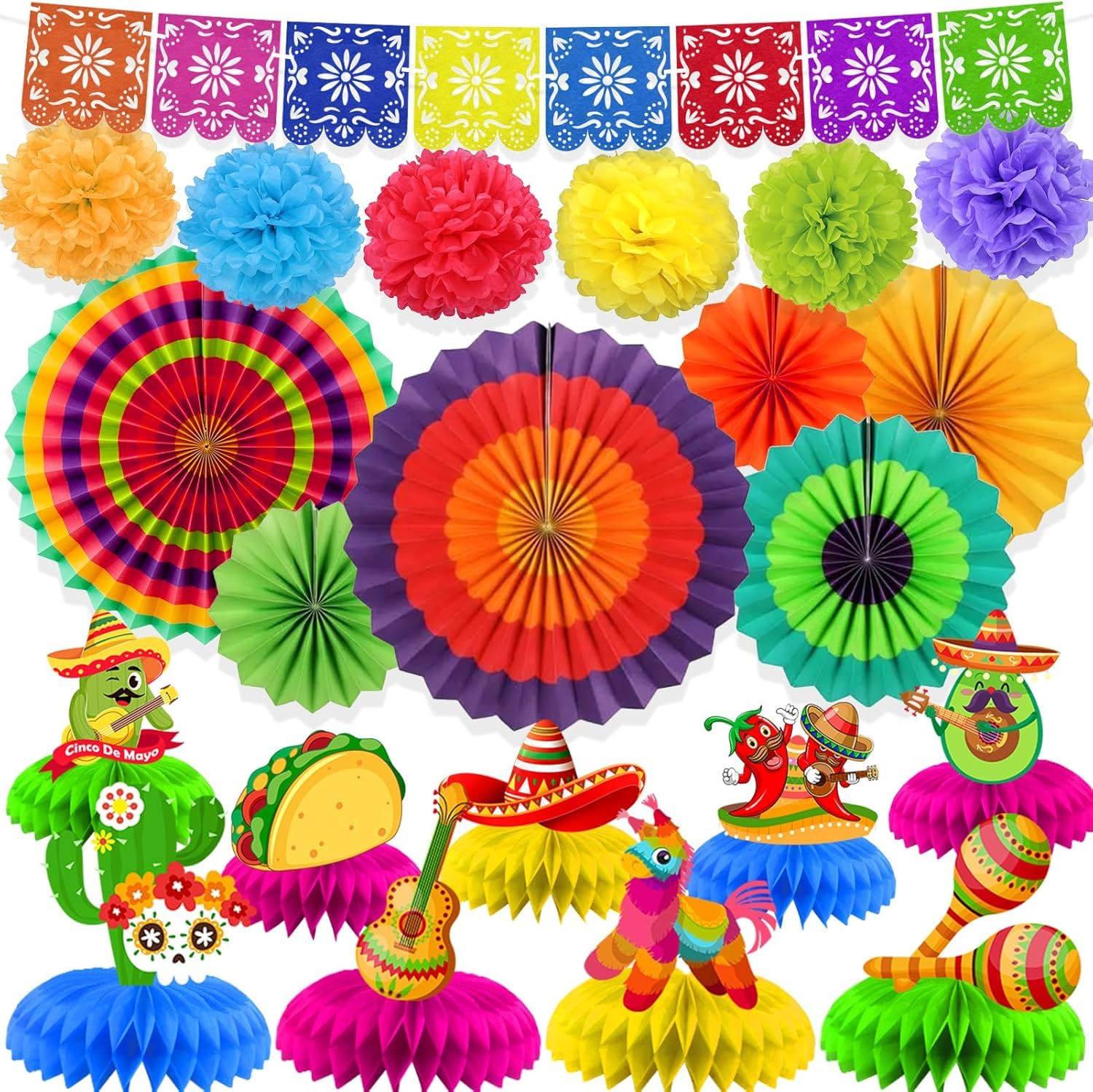AinDen Cinco De Mayo Fiesta Party Decorations: 22 Pcs Mexican Themed Party Supplies Set Includes Banner, Paper Fans, Paper Poms, Honeycomb Table Centerpieces