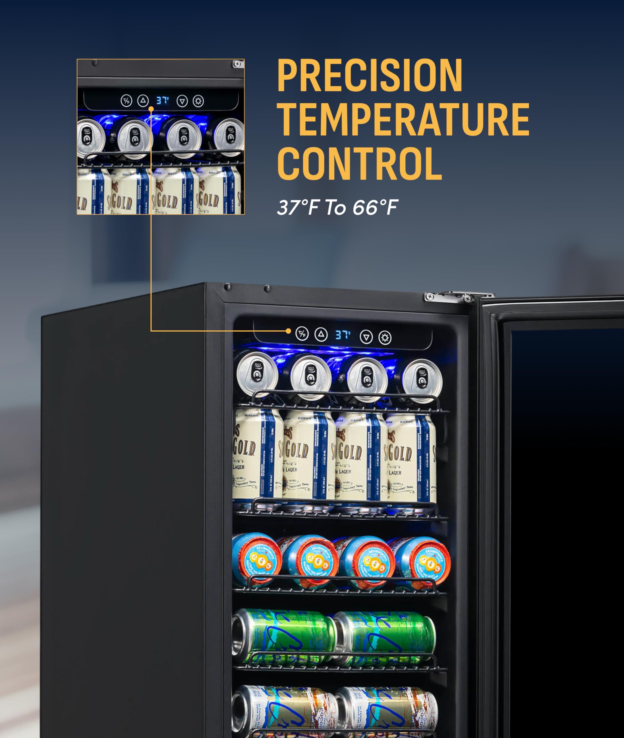 NewAir 96 Can Built-In Beverage Refrigerator | 15” Small Mini Fridge For Bedroom, Home Bar Or Office | Quiet Cooling & Precise Temperature Control | Black Stainless Steel on Fridge.com - View 5