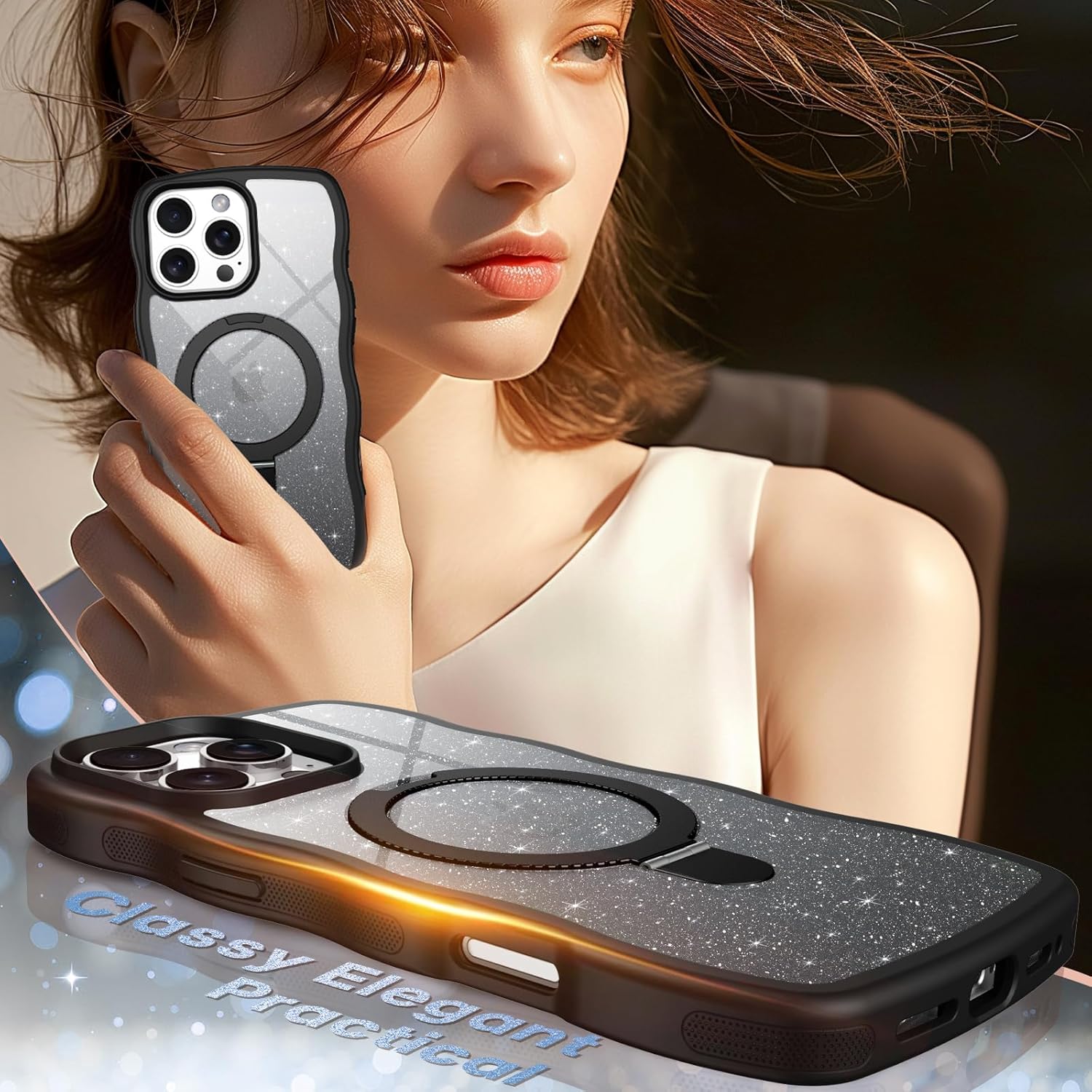 BENTOBEN for iPhone 16 Pro Max Case with Stand, Clear Crystal Glitter Cute Curly Wavy 16 ProMax Phone Case Compatible with MagSafe, Magnetic Ring Kickstand Shockproof Anti-Slip Cover, Black Glitter - Image 7