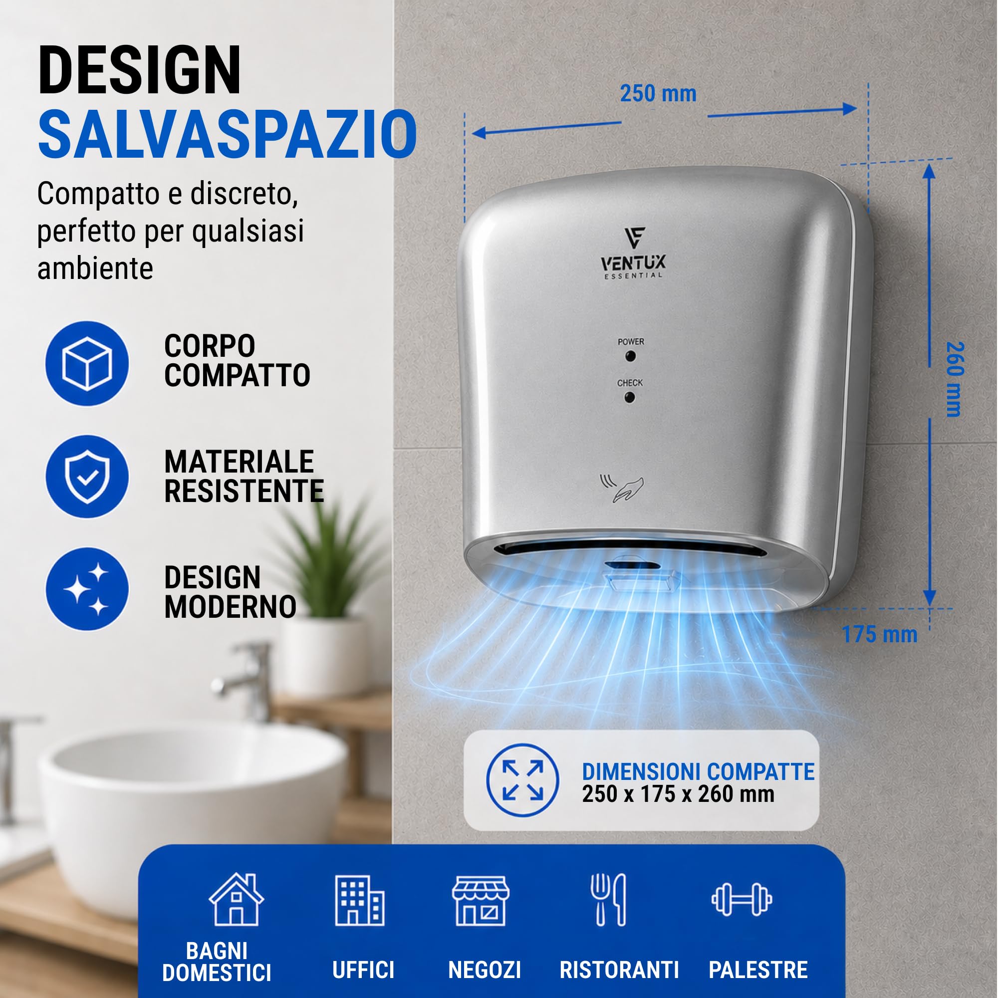 Sèche-mains électrique blanc mural – automatique à photocellule IP24 | Démarre seul par cellule – Plus de papier à jeter – Sanitaires publics et bureaux