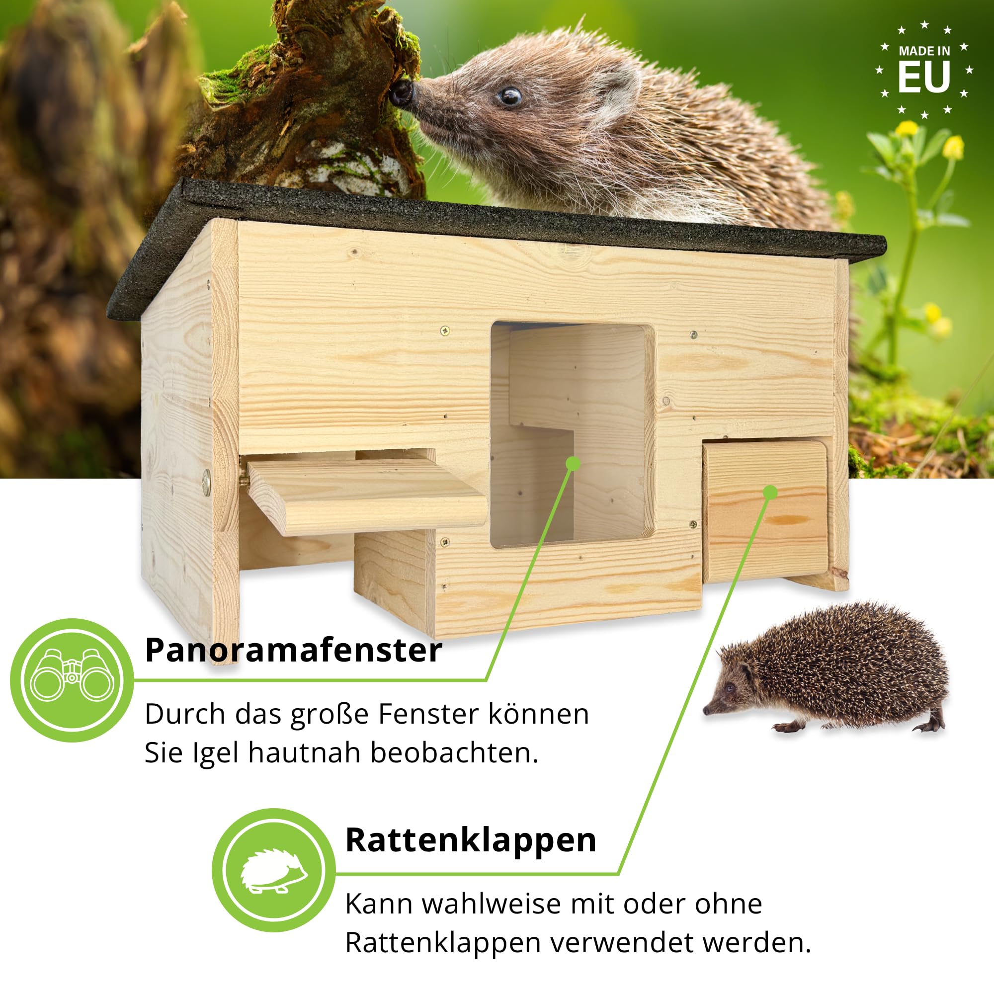 gartenetage Igelfutterhaus mit Beobachtungsfenster & Rattenklappen aus Holz – Sicheres Igelhaus für Garten mit Schleuse, Fluchtweg & Wetterschutz – Robuste Futterstation für Igel ganzjährig