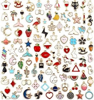 JIALEEY 100PCS Gold Plated Enamel Charms Mixed Moon Star Fruit Animal Ch...