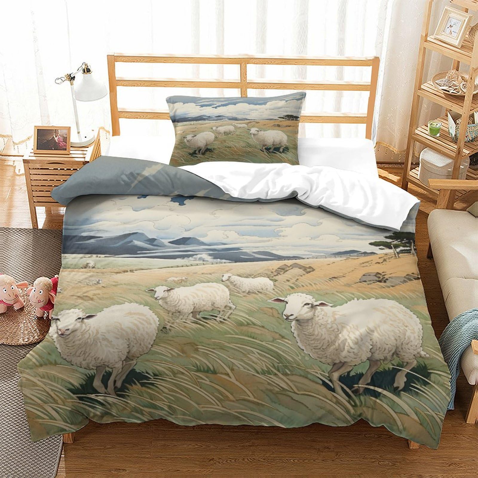 P1S9U7W5Y Pastoral Sheep 3D Printed Duvet Cover Set 3pcs Microfiber Countryside Bedding Set Single