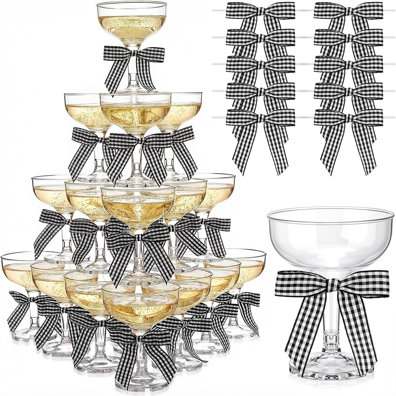 Zopeal Plastic Martini Glasses 5 oz Champagne Cups Margarita Cocktail Glasses with Bow 2.8 Inch for Valentine's Day Bachelor Home Bar Wedding Party Champagne Tower(Black and White Plaid,50 Pcs)