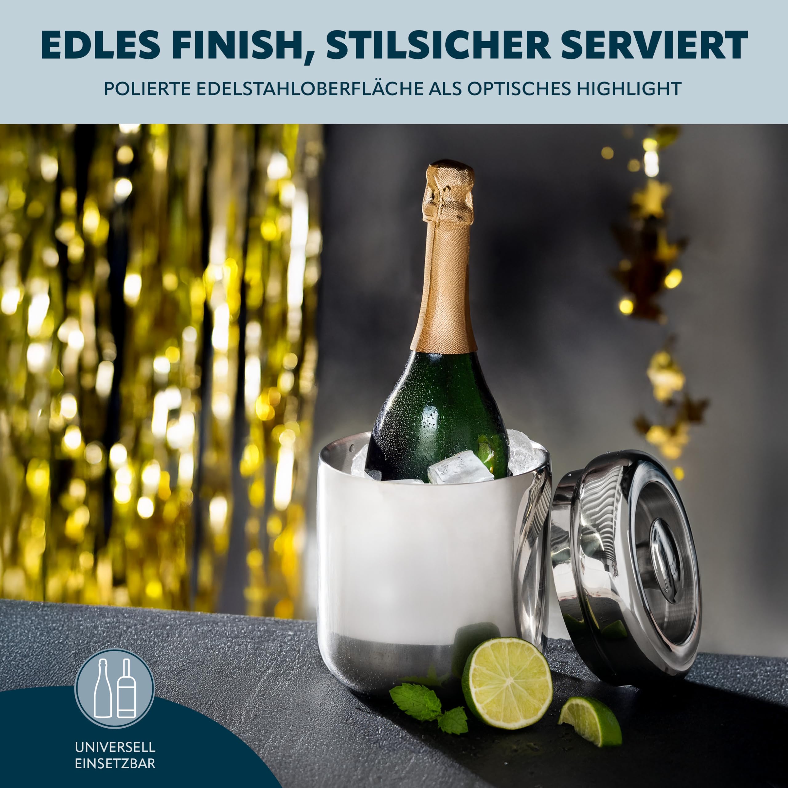 bremermann Eiswürfelbehälter mit Zange, Edelstahl-Eiskübel mit Deckel 1,5l, rund