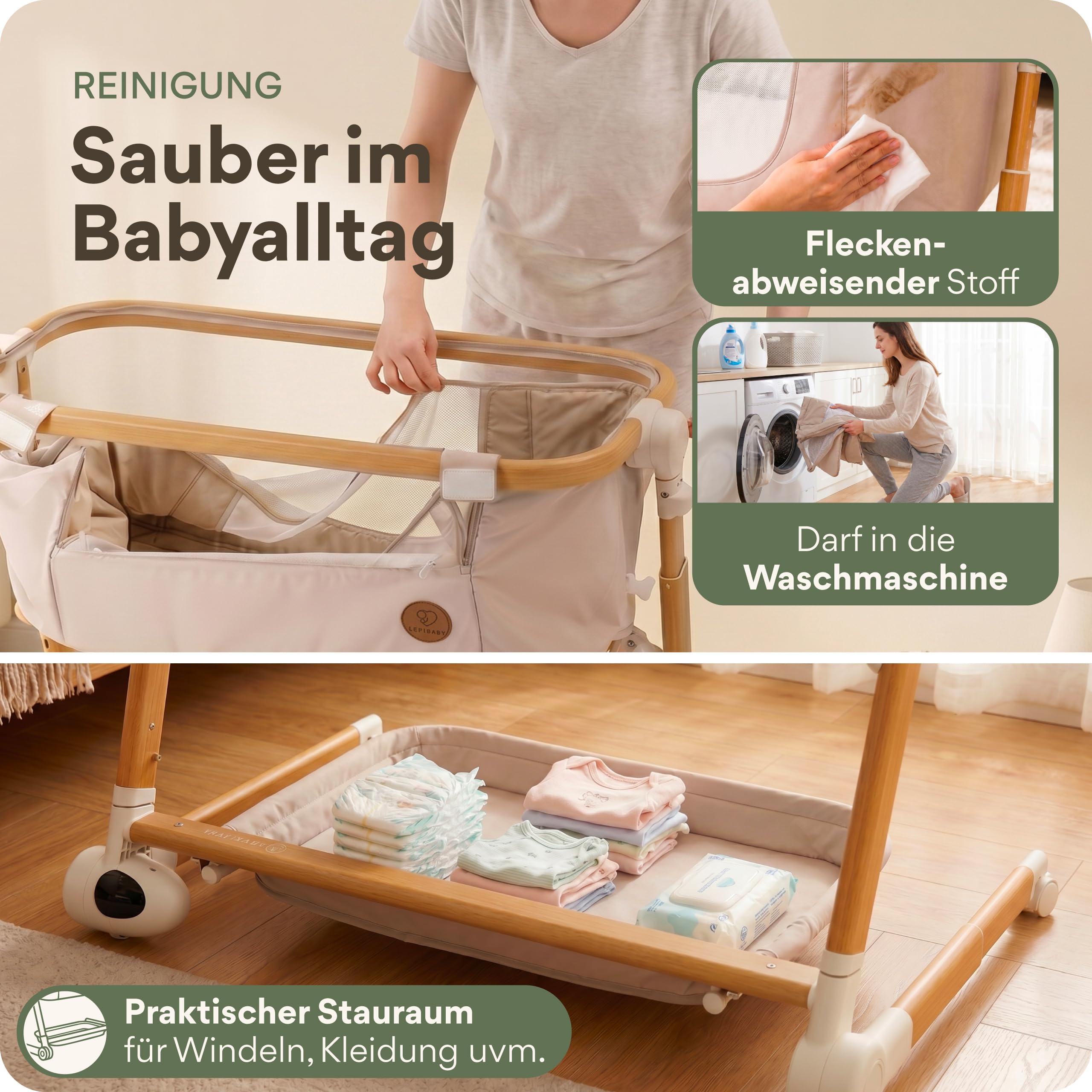 MaliDa Babybett mit Rollen | Beistellbett Baby Boxspringbett | Stubenwagen Höhenverstellbar mit Wiegefunktion | Reisebett Baby mit Matratze | Bett, Babywiege, Crib, Bassinet, Bed | Hell