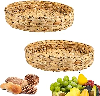 YKUKIZEE 2 Pack Round Water Hyacinth Trays, Handmade Water Hyacinths Woven Storage Baskets Natural, Shallow Water Hyacinth Rattan Serving Tray for Breakfast Coffee Dining Bread Fruit(32, 28 cm)