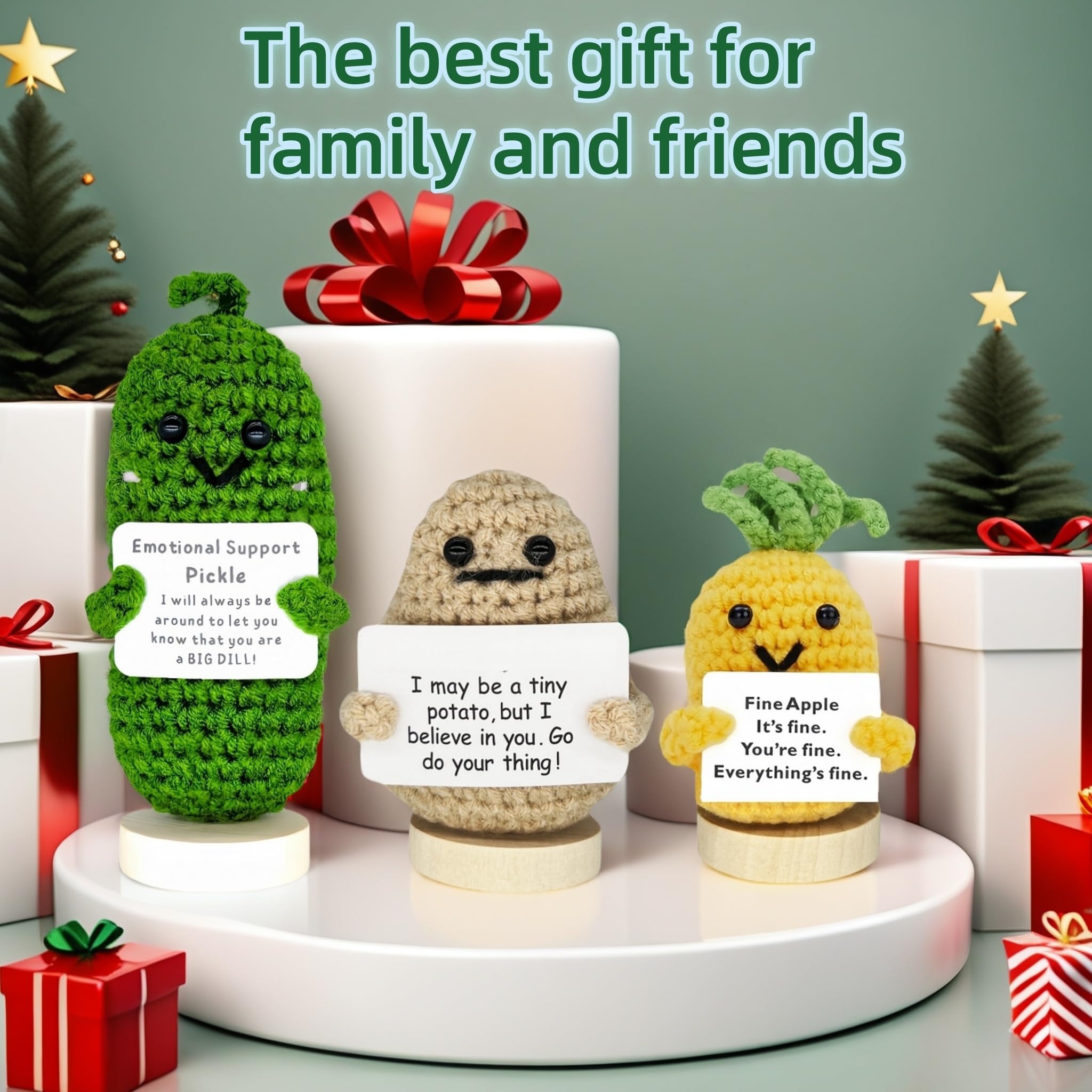 3 Pack Crochet Gift - Emotional Support Plush Toy with Inspirational Card and Base | Cute and Funny Christmas for Women, Girlfriend, Boyfriend, Teens