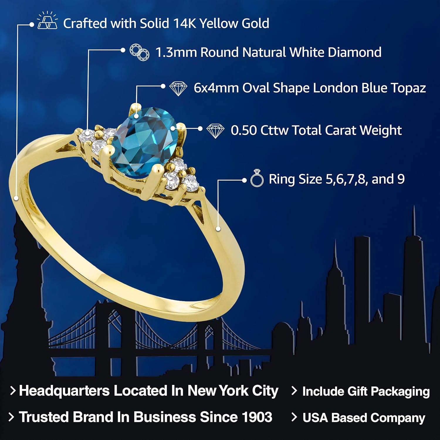 Gem Stone King 14K Yellow Gold Gemstone Birthstone and White Diamond Engagement Ring | Oval 6X4MM | Wedding Anniversary Promise Gold Ring for Women | Sizes 5 to 9 | London Blue Topaz-November | 8