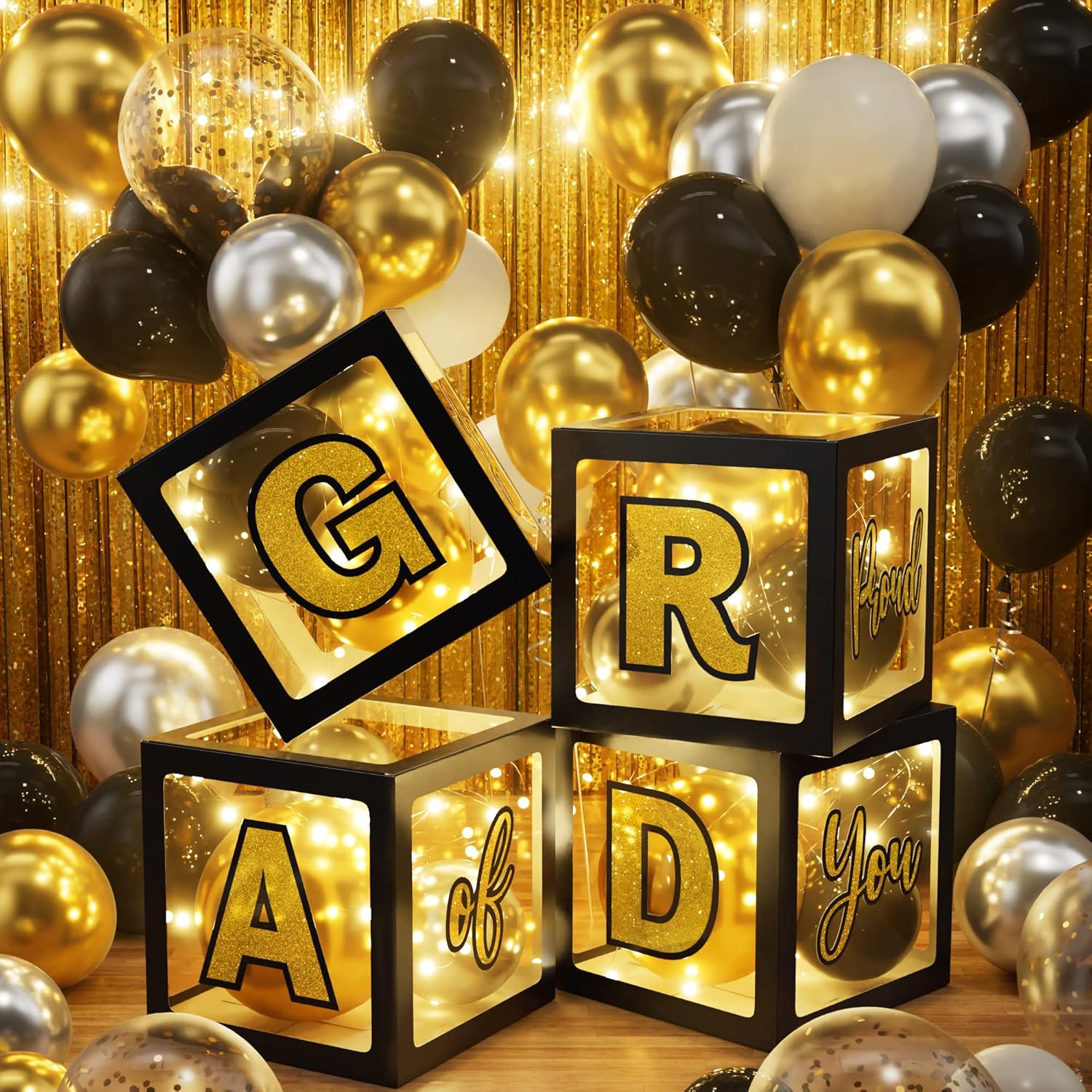 Ecomore 2026 Graduation Decorations - 86 PCS Graduation Party Decor Supplies Set Includes LED Light Strings Balloon Block Boxes with Letters Foil Curtains Backdrop 2026 Balloon Garland Kit- Black Gold