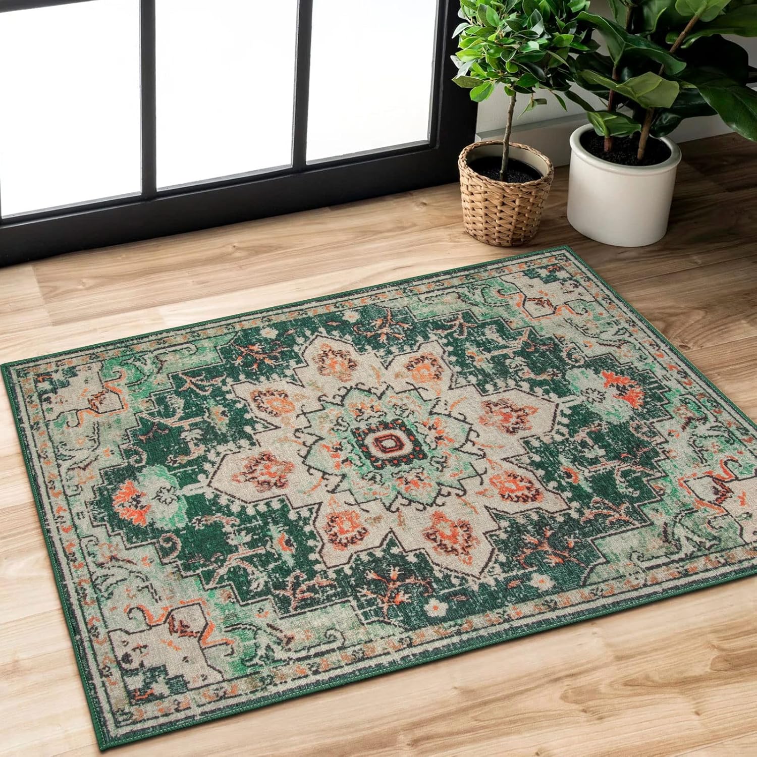 Amazon Morebes ボヘミアン 超薄型 ウォッシャブル グリーン 2x3 ラグ スモール ノンスリップ バスルーム ラグ 低