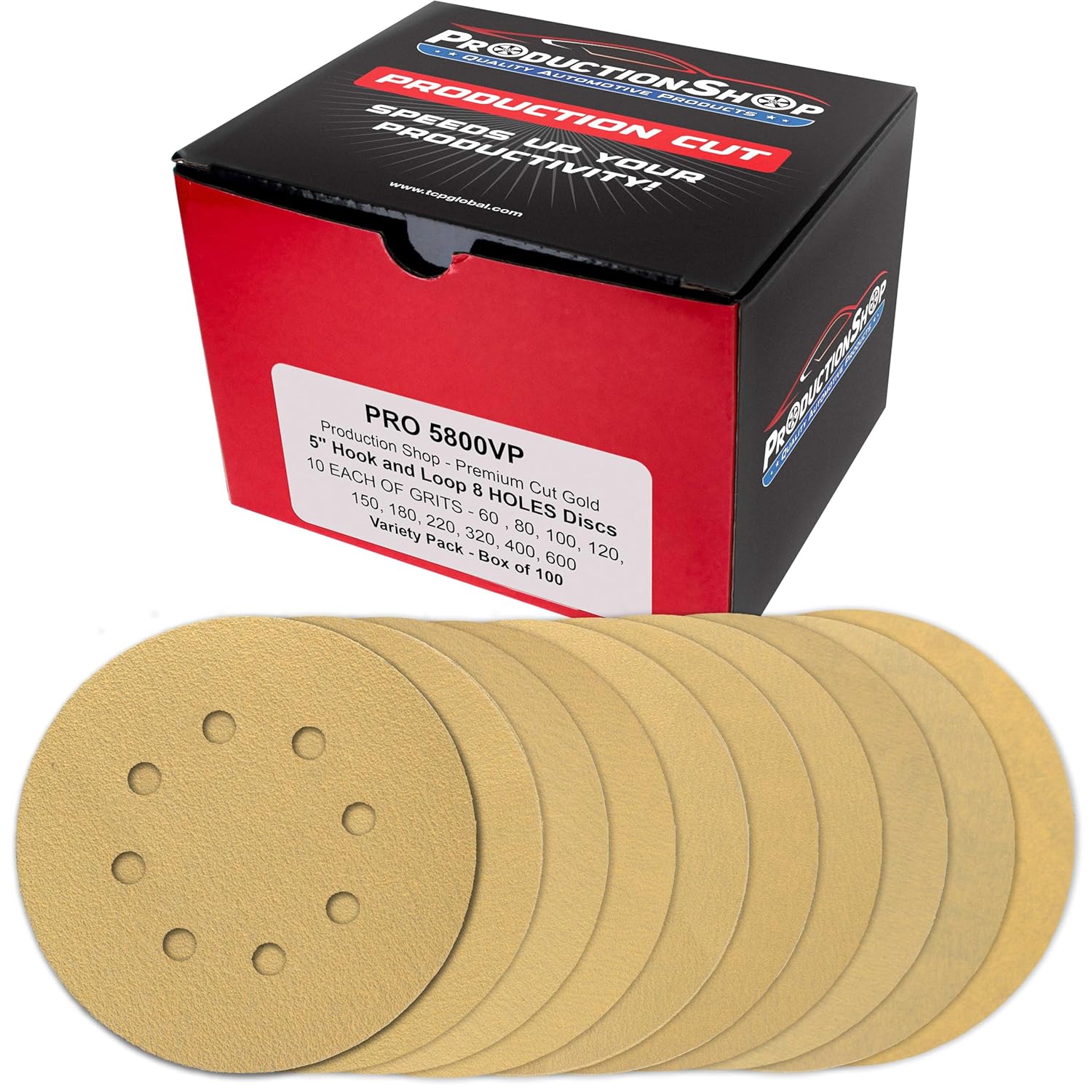 ProductionShop Premium 5" Gold Sanding Discs, 8-Hole Pattern, 100 Disc Variety Pack, Grits 60, 80, 100, 120, 150, 180, 220, 320, 400, 600 - Heavy-Duty Hook & Loop Sandpaper, DA, Random Orbital Sander