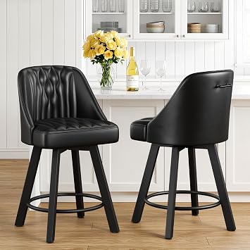 Memobarco 26 Inches Swivel Bar Stools Set of 2 with Backs, Black | Counter Height Bar Stools, PU Leather Upholstered,350LBS, Heavy Duty Metal Legs, With Footrest, For Kitchen Island, Home Bar