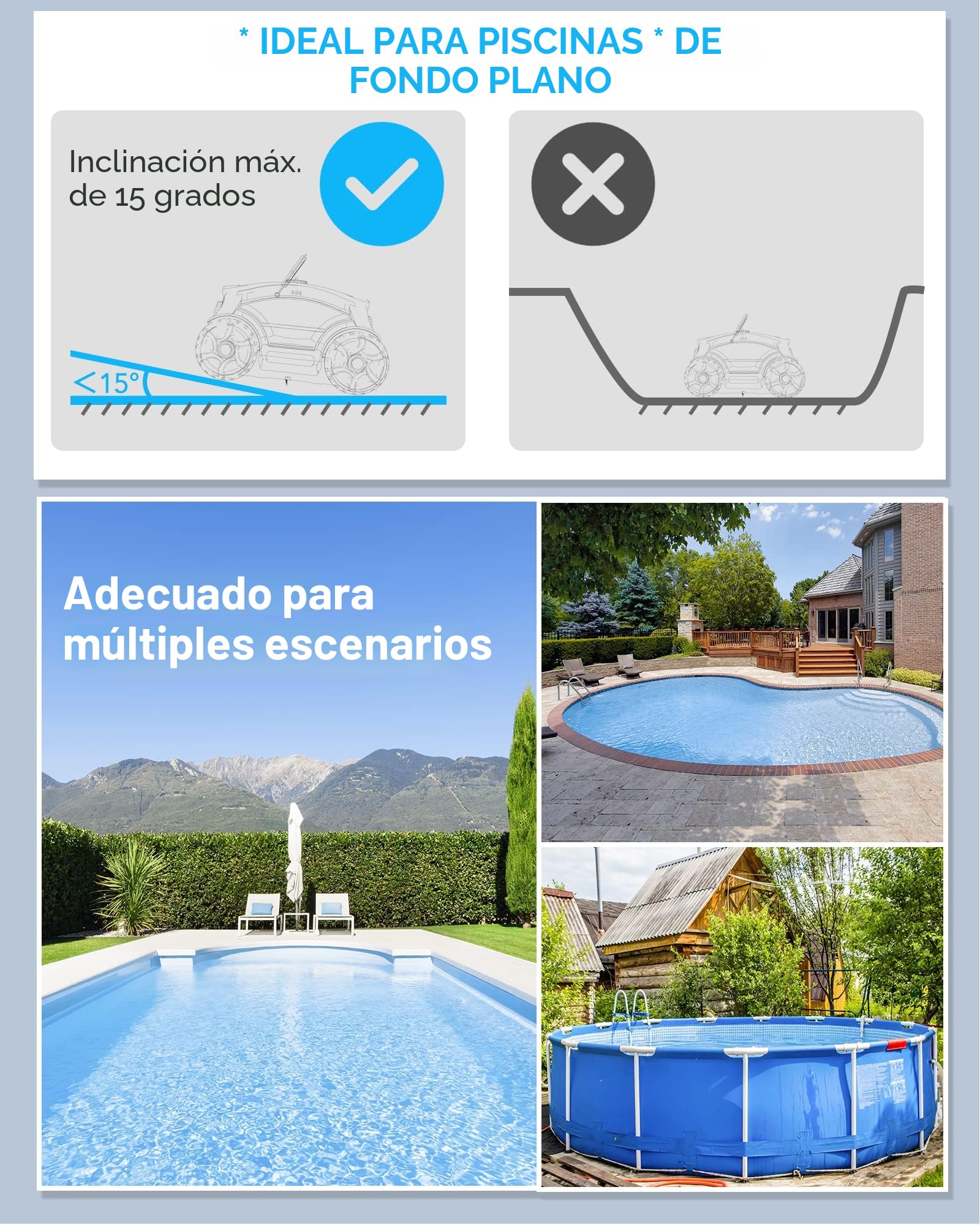WYBOT Robot limpiafondos Piscina sin Cable, 130 Minutos hasta 100㎡ Robot Piscina sin Cable Aspirador Piscinas con 2 Motores, Cepillo Grande y Aberturas de succión, Boquilla Ajustable