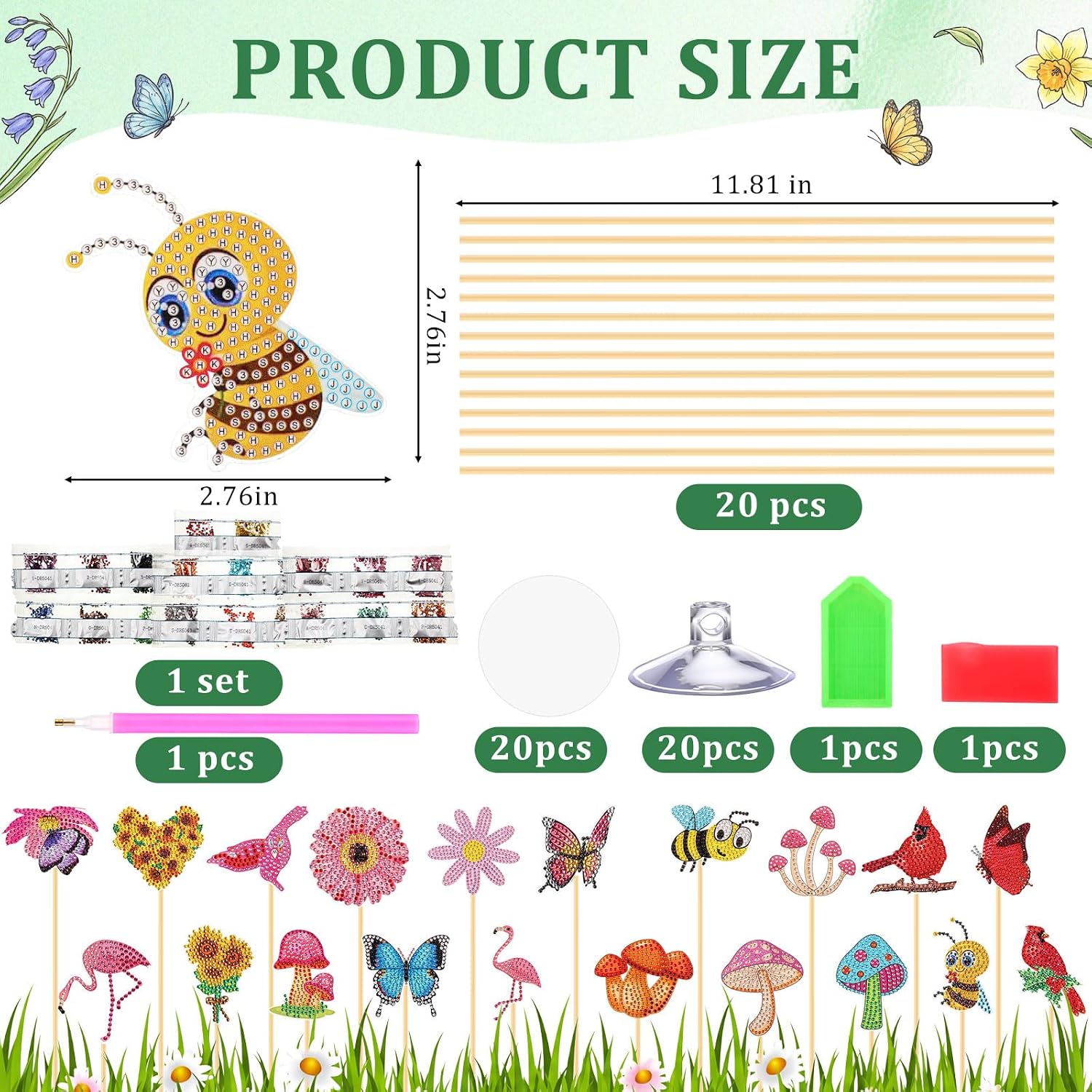 Sliner 20 Pcs Diamond Art Kits for Adults for Garden Decor with Butterfly, Hummingbird, Flowers, Bee, Mushrooms, Diamond Art Kit with Stakes Dot Ornaments Kits for Outdoor Yard Decoration Crafts