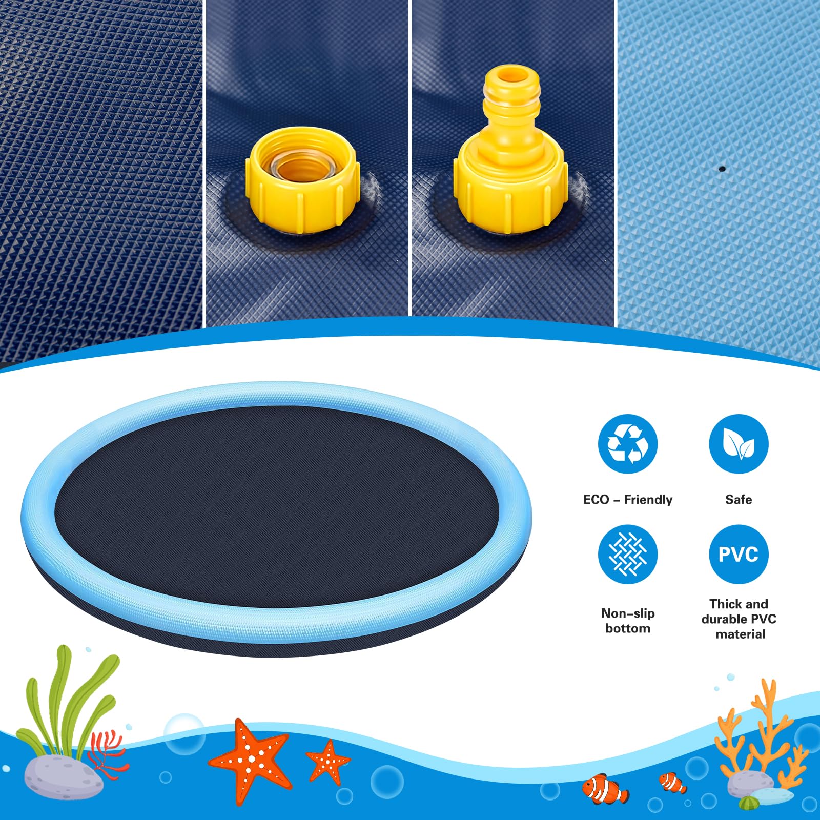 Tapis de Jet d’Eau 200CM pour Enfants et Chien, Tapis Arroseur Antidérapant en PVC Écologique, Splash Pad Jeu d’Eau Extérieur Jardin Été avec Adaptateur (Bleu)