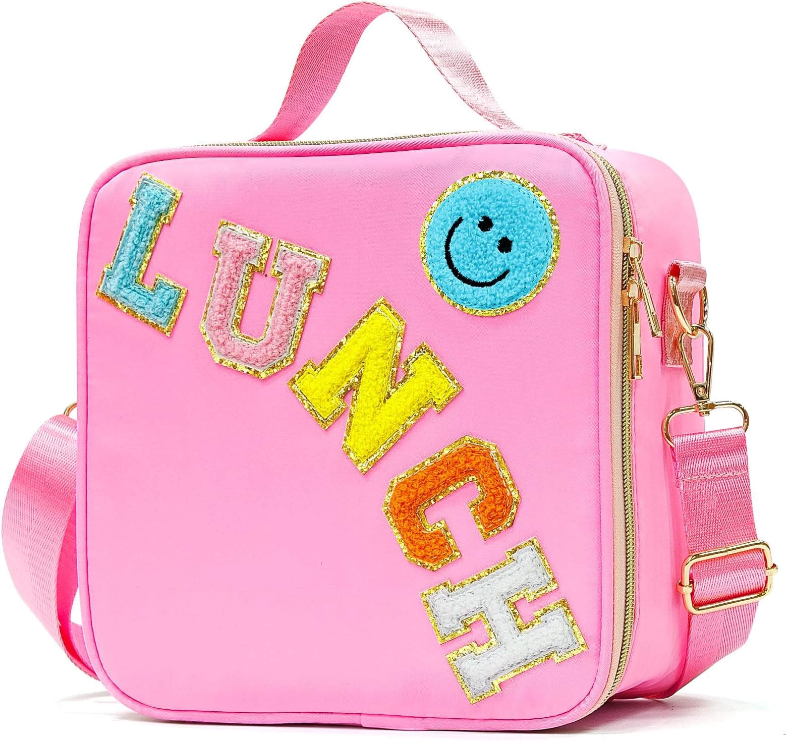 LOKFAR Insulated Lunch Bag Women Lunch Box Kids for Teen Girls Boys, Cute Preppy Lunch Boxes With Adjustable Shoulder Strap, Waterproof Nylon Lunchbox Lunch Bags for School Work Picnic (Pink)
