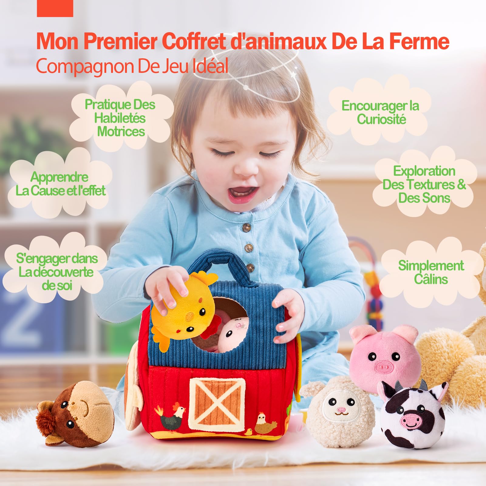 Hahaland Jouet Bébé Animaux de la Ferme en Peluche, Jeux Montessori avec Grange, Hochets, Miroirs Jouet Sensoriel Bébé 0-6 Mois, Cadeau Bébé Enfant 3-6-9 Mois Garçon Fille