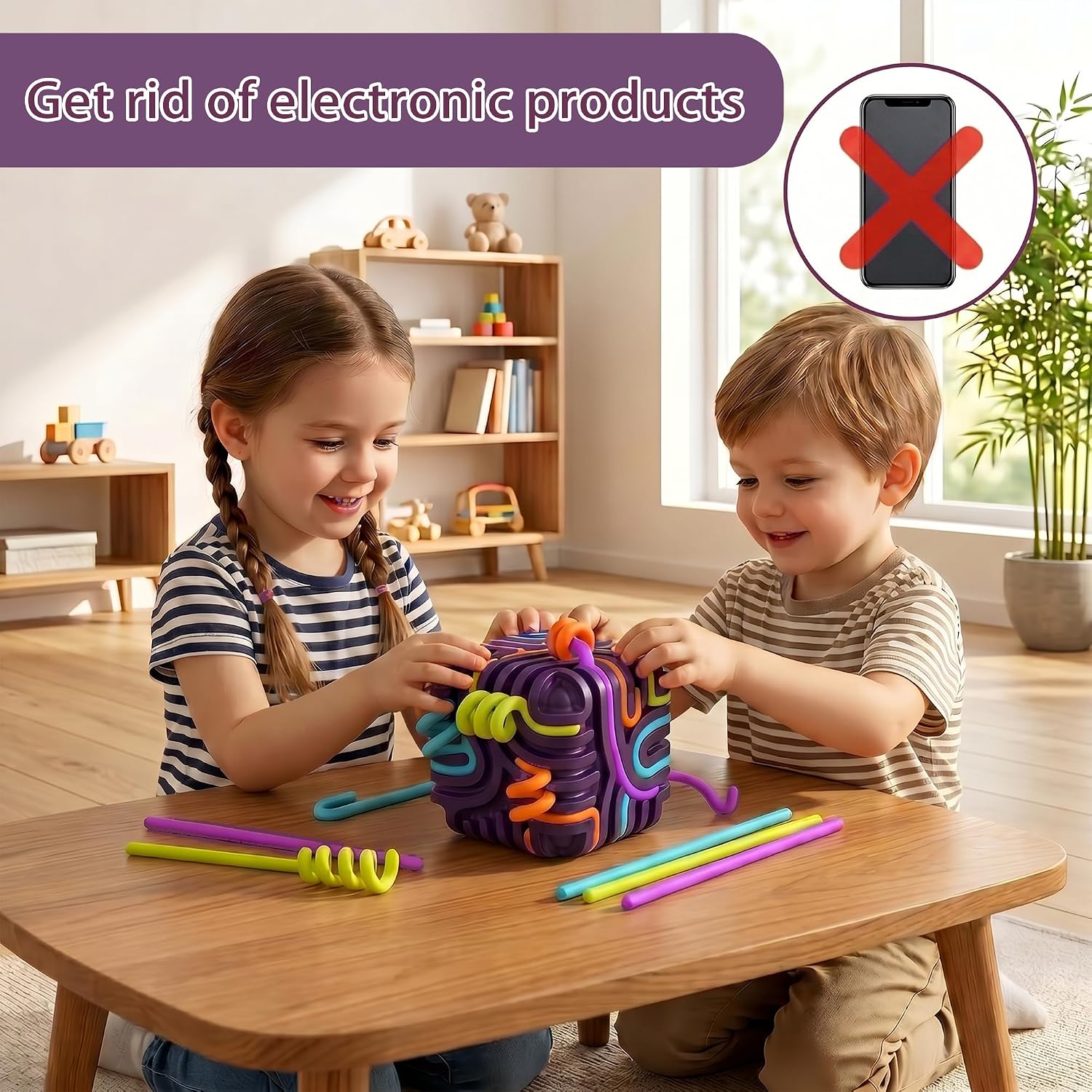 Sensory Activity Board Cube Fidget Toys for Kids & Adults - Zero Noise Silicone Quiet Toddler Travel Toys for Car Rides & Airplane - Autism ADHD Calming Toy Gift Stuffers with 15 Strings