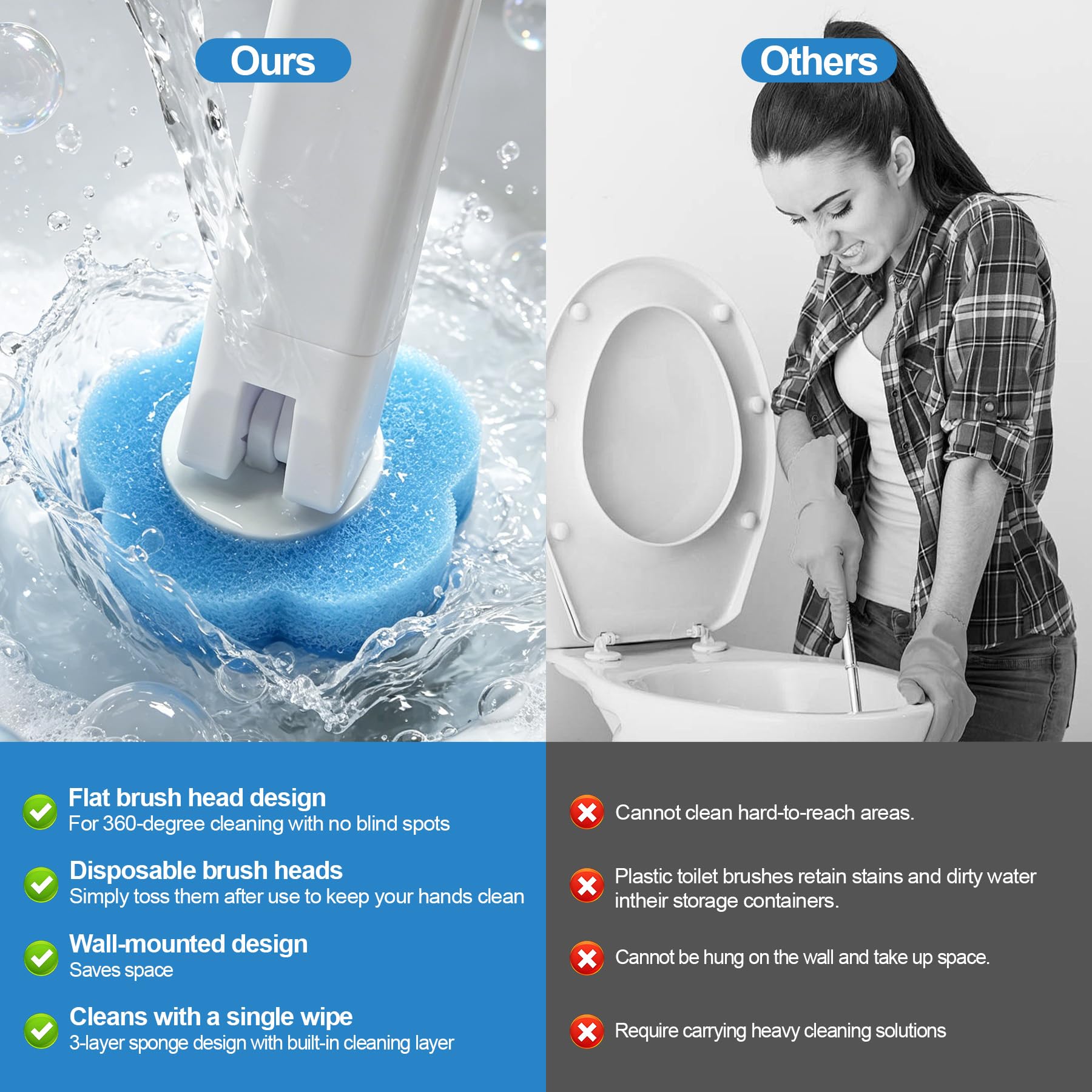 TZEKING Set Scopino WC Usa e Getta 54 Pezzi – 2 Spazzole con Manico Lungo, 2 Supporti a Parete con Staffa Adesiva, 48 Ricariche Detergenti in Spugna per Pulizia Bagno, Lavandino e Vasca