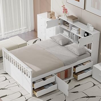 Full Size Captain Platform Bed Frame with Storage Bookcases and Shelves,Four Drawers, Easy Assembly for Small Spaces, Modern Bedroom Furniture White/H
